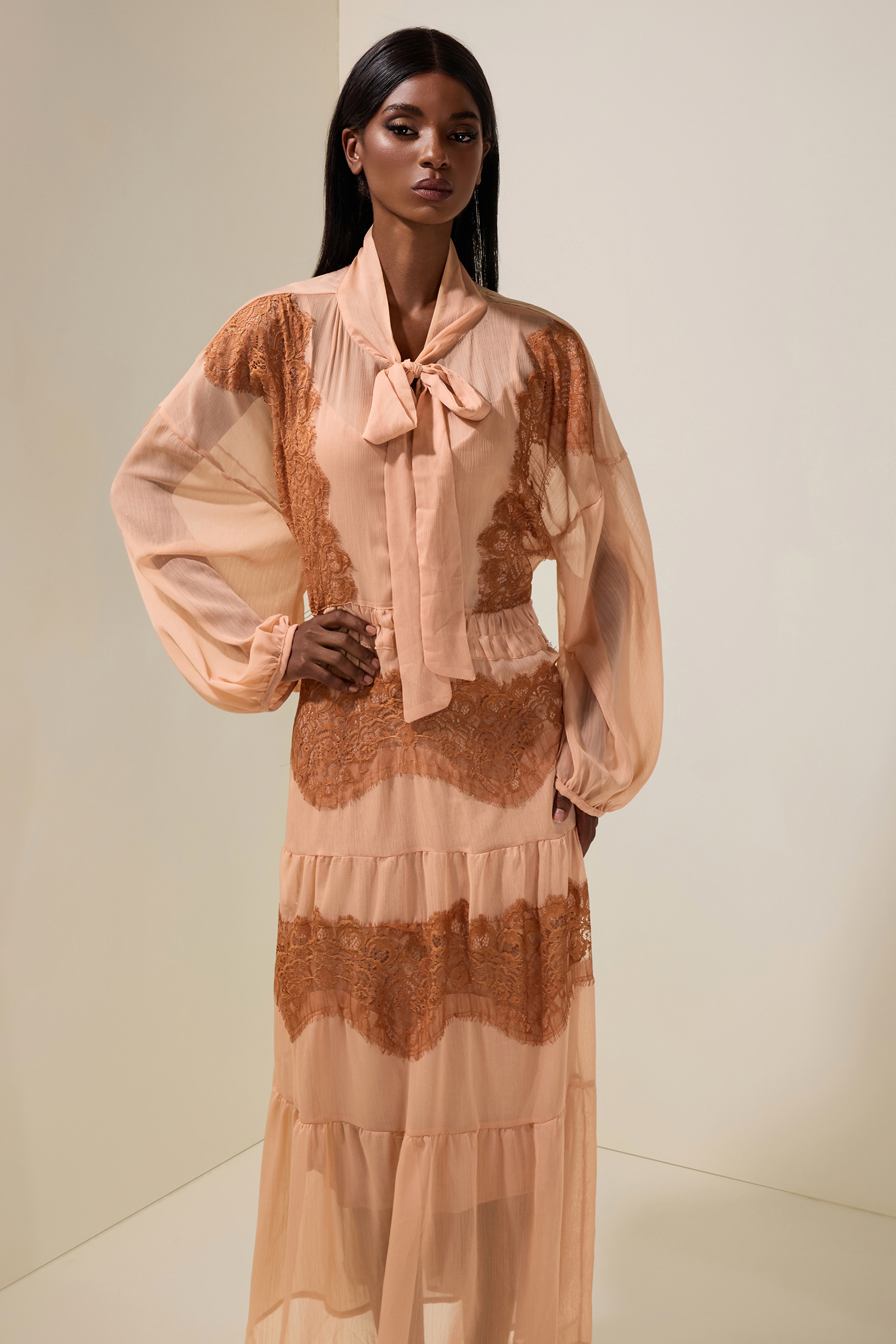 Chiffon Splicing Lace Tie-Up Long Sleeve Midi Dress