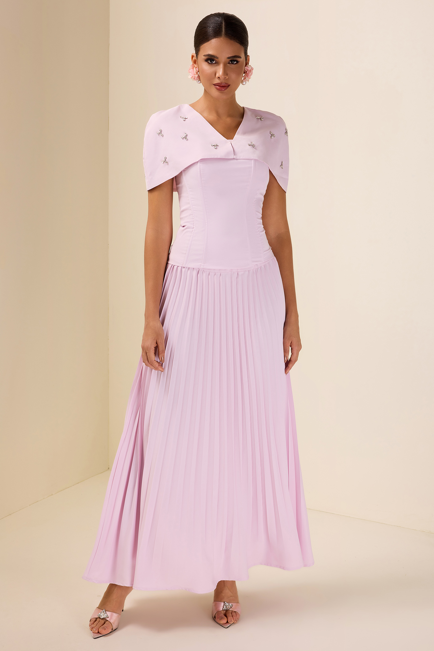 Off-Shoulder Solid Top With Cape & High Waist Pleat Midi Skirt Set