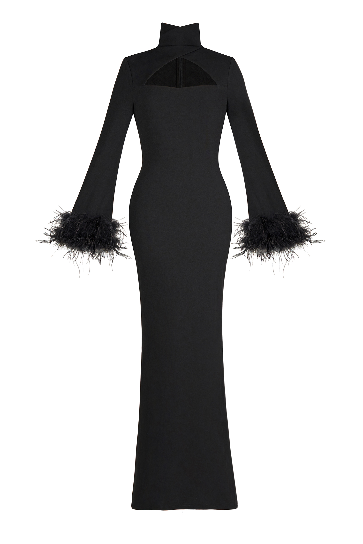 Feather Solid High Neck Midi Dress Black