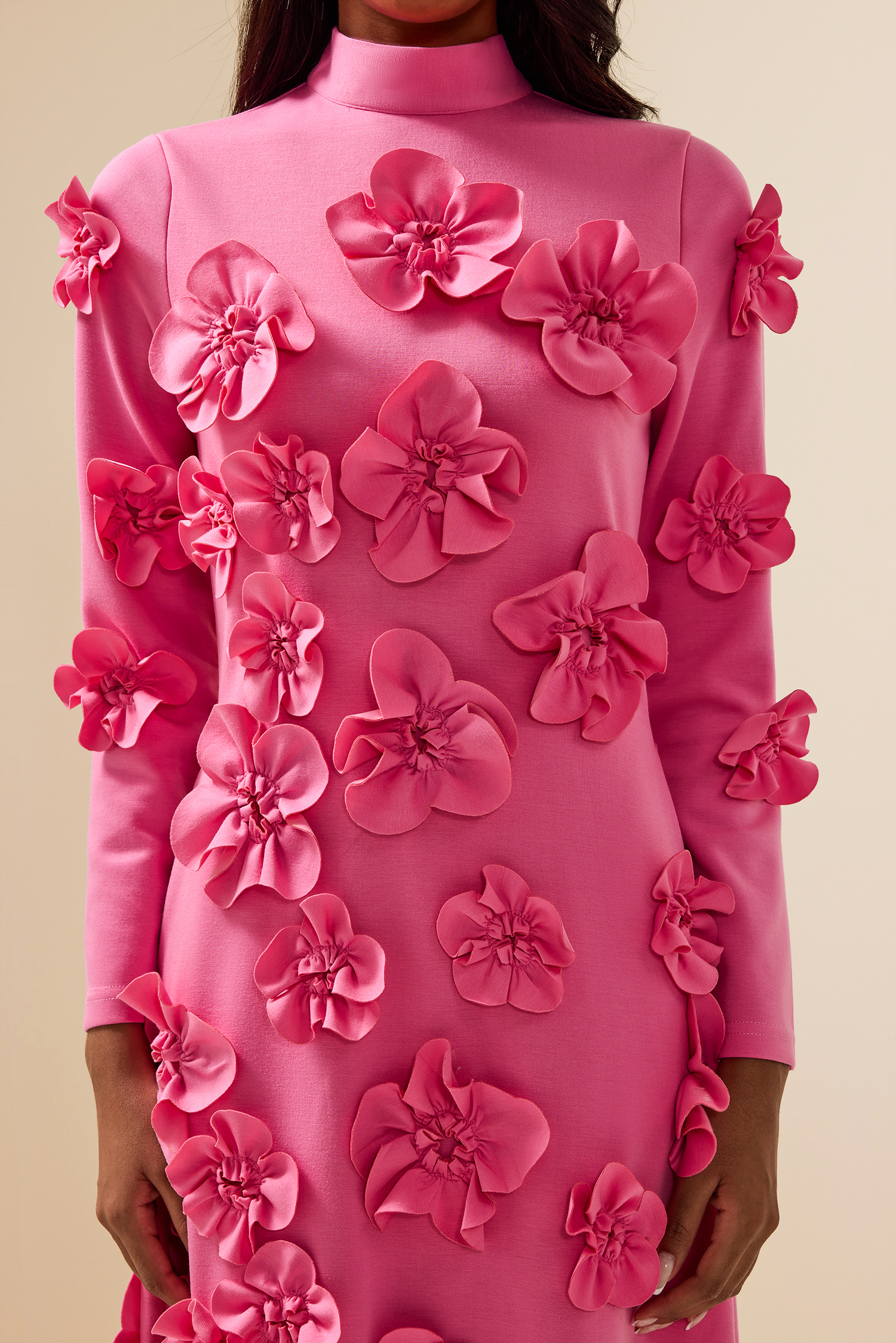 3D Flower Stand Collar Long Sleeve Midi Dress