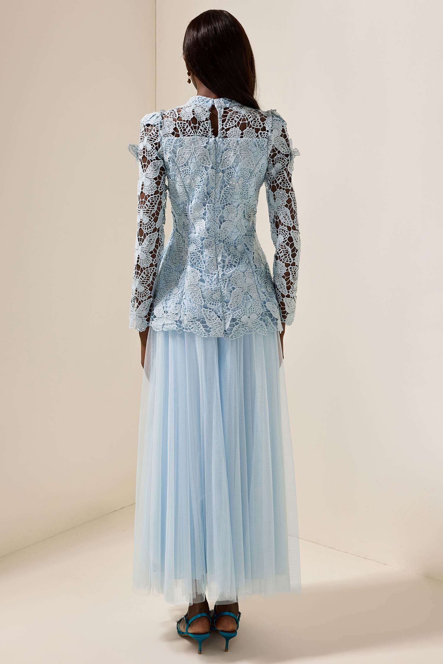 Embroidery Solid Top & Mesh Midi Skirt Set