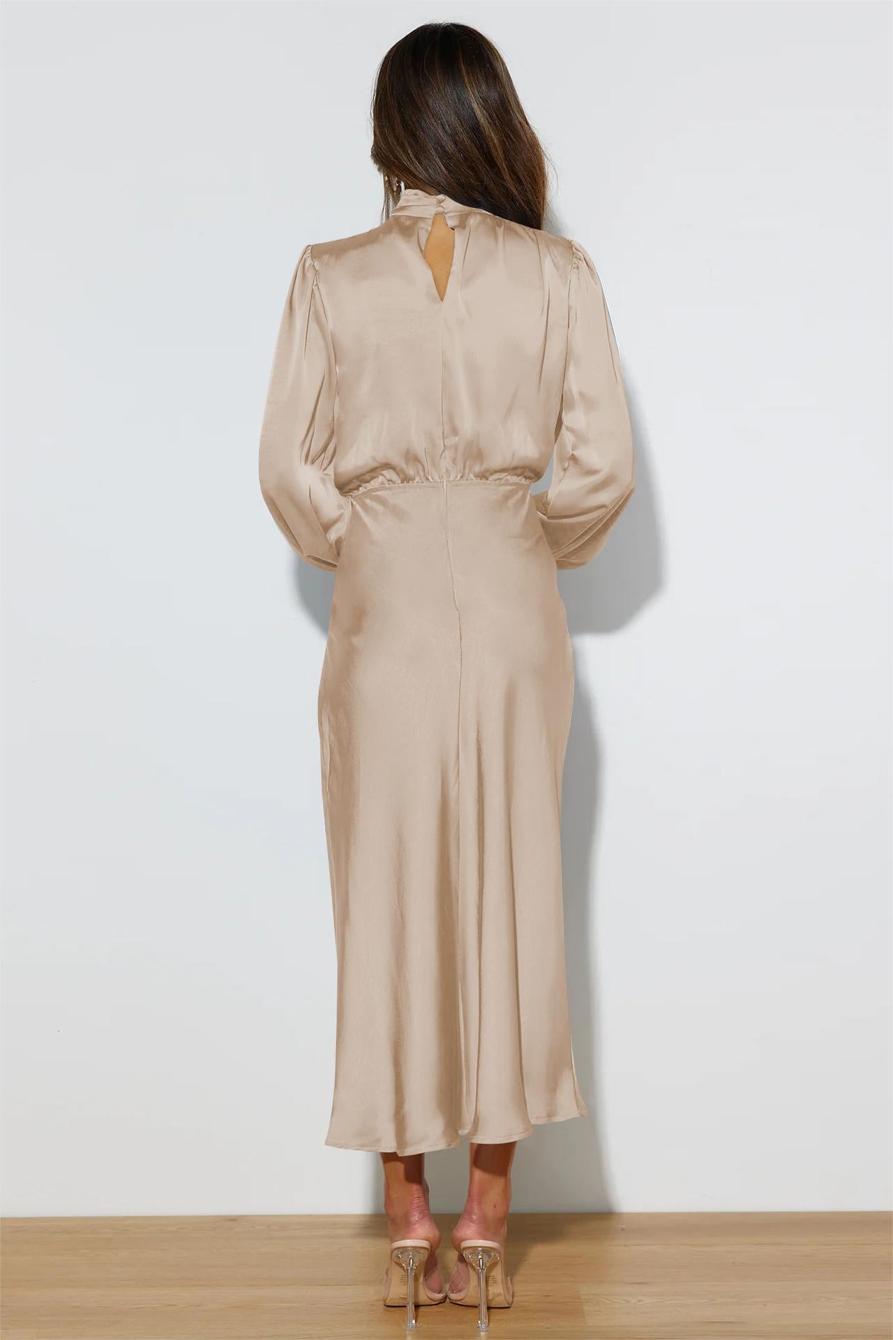 Satin High Neck Long Sleeve Midi Dress