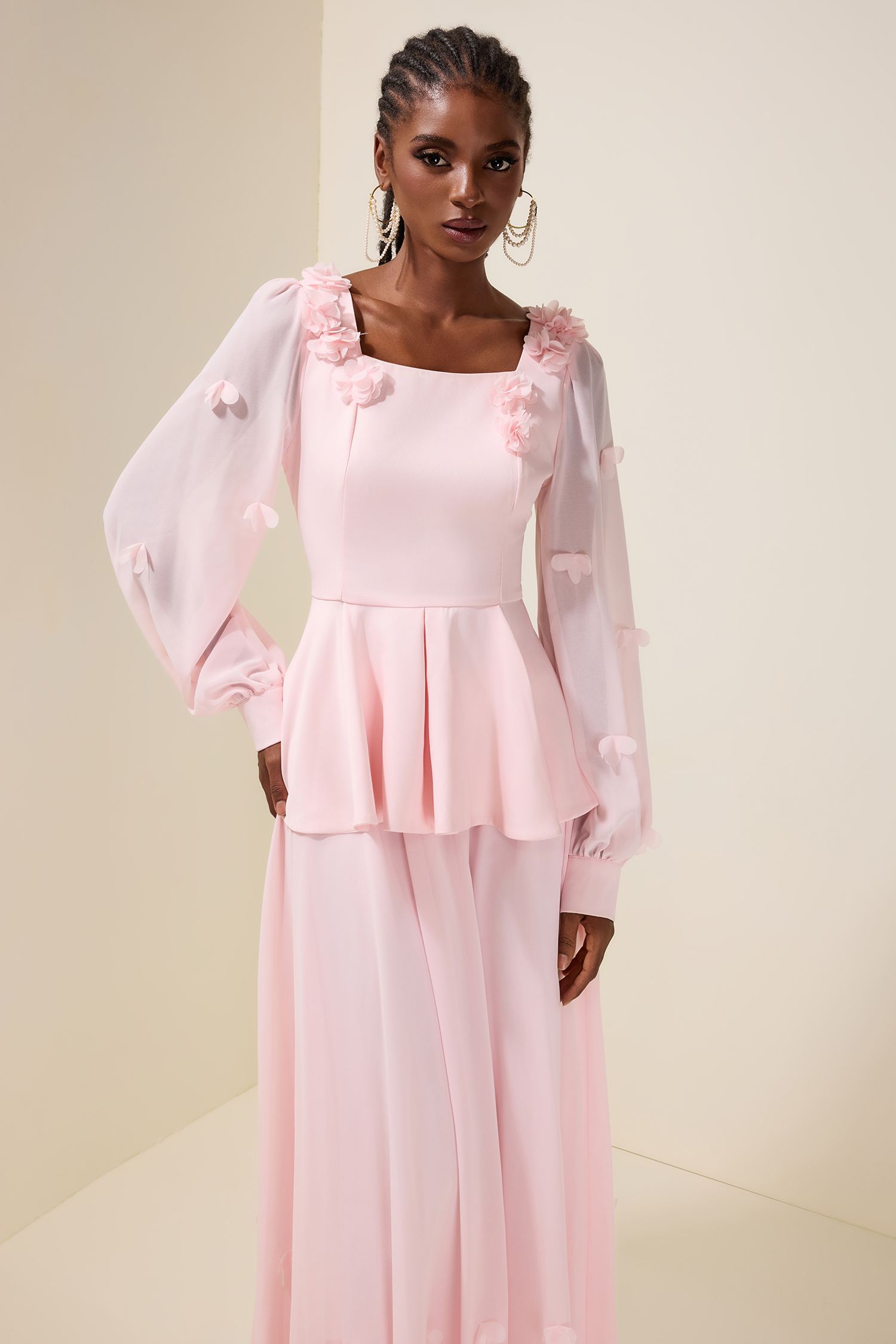 3D Flower Ruffle Top & Chiffon High Waist Midi Skirt Set