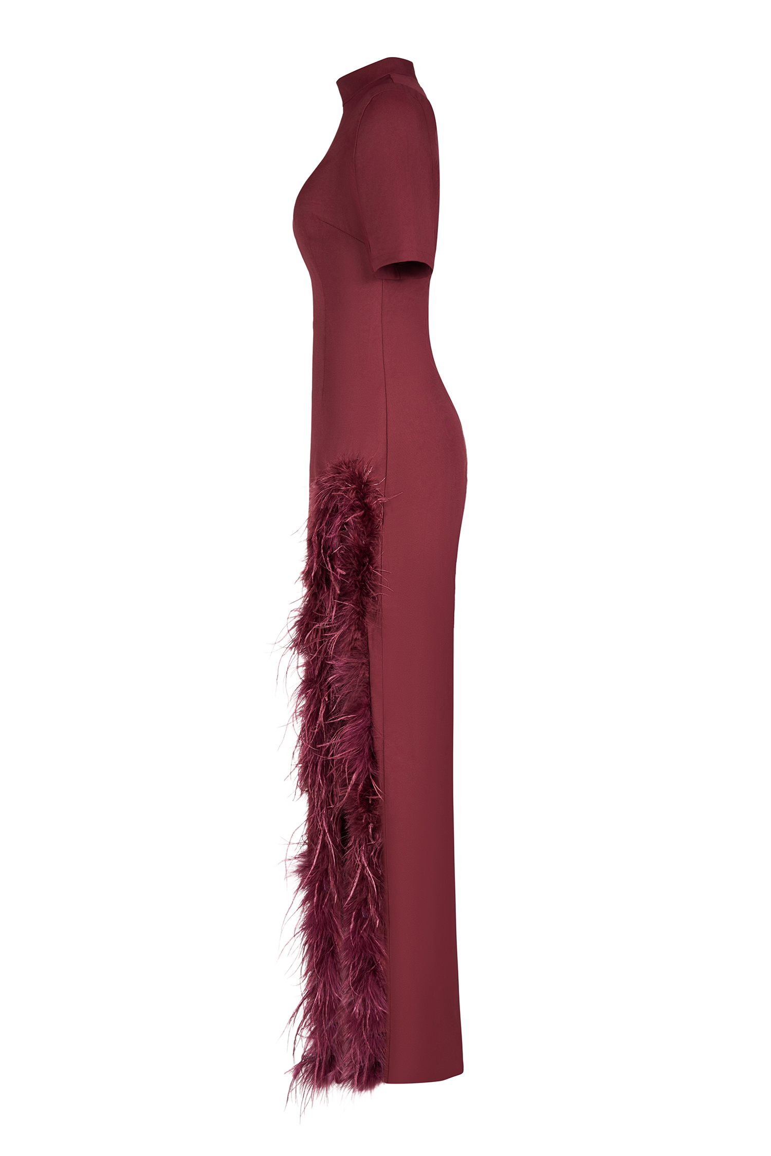 Feather Stand Collar Slit Midi Dress
