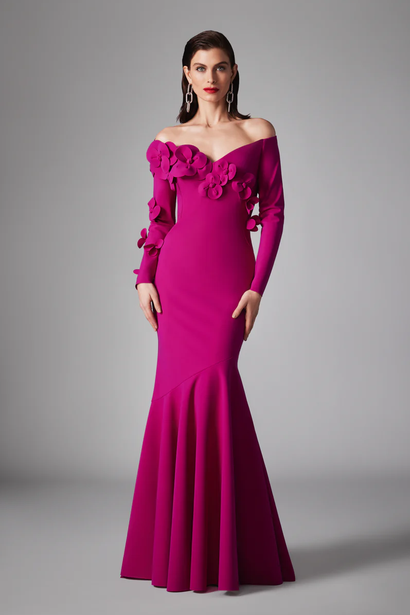 3D Flower Off-Shoulder Solid Maxi Dress