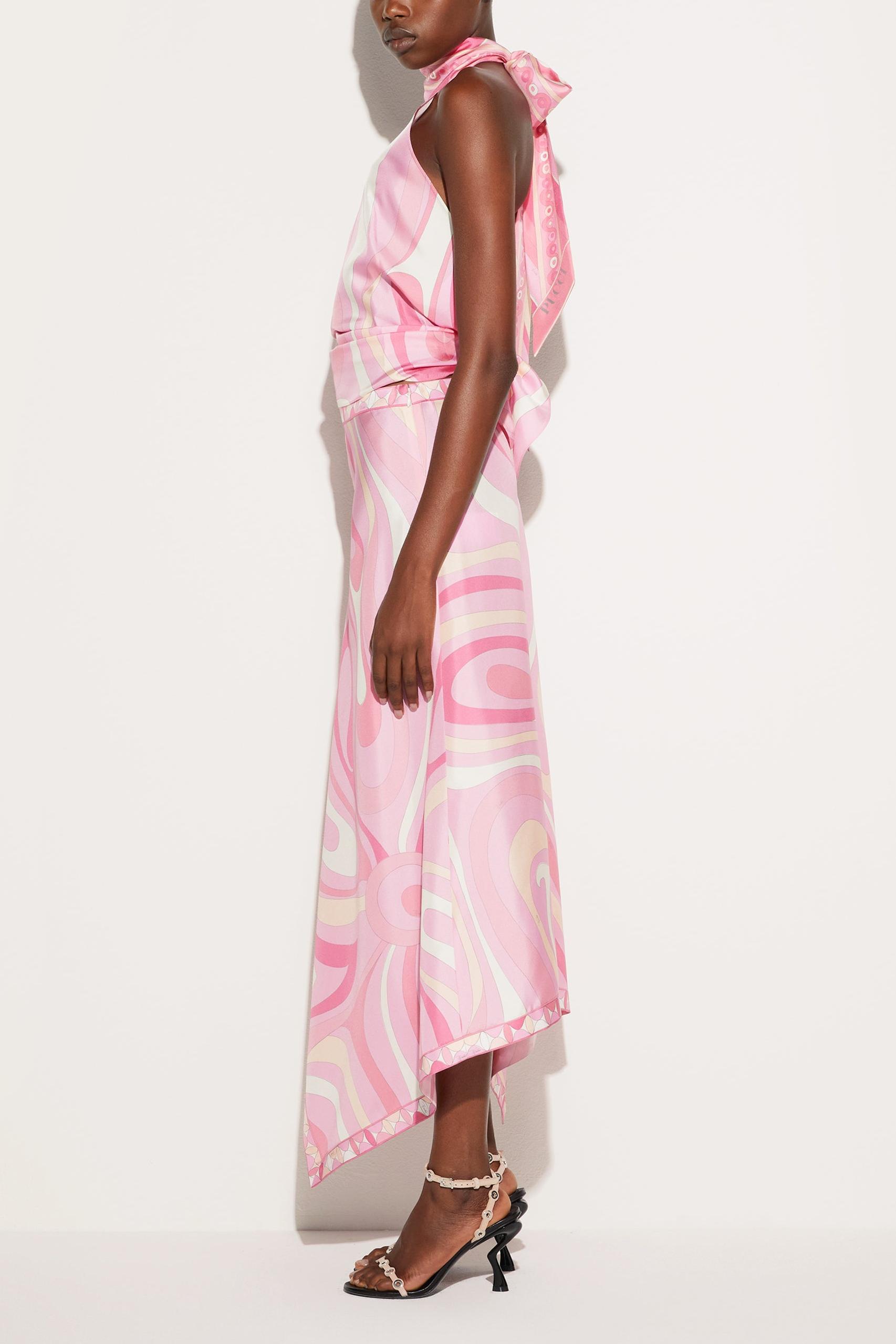 Satin Halter Neck Mini Top & Abstract Print Mid Waist Midi Skirt Set