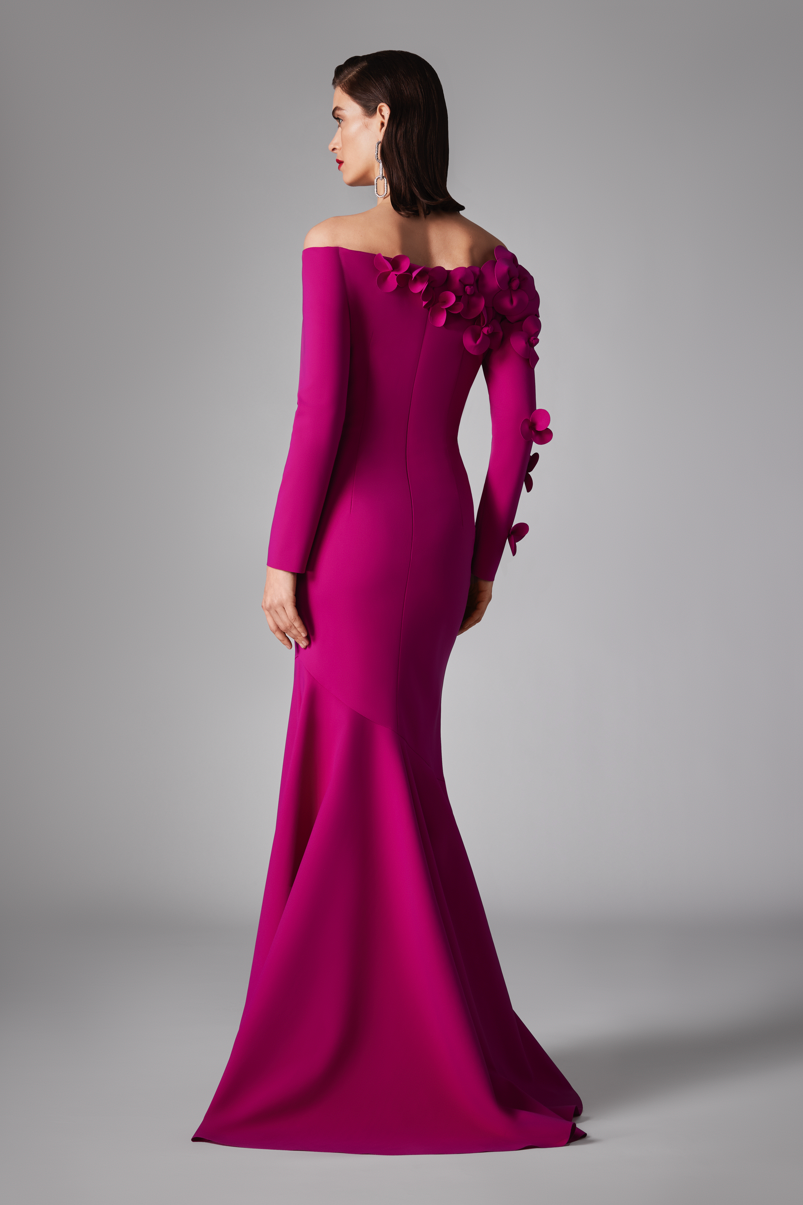 3D Flower Off-Shoulder Solid Maxi Dress