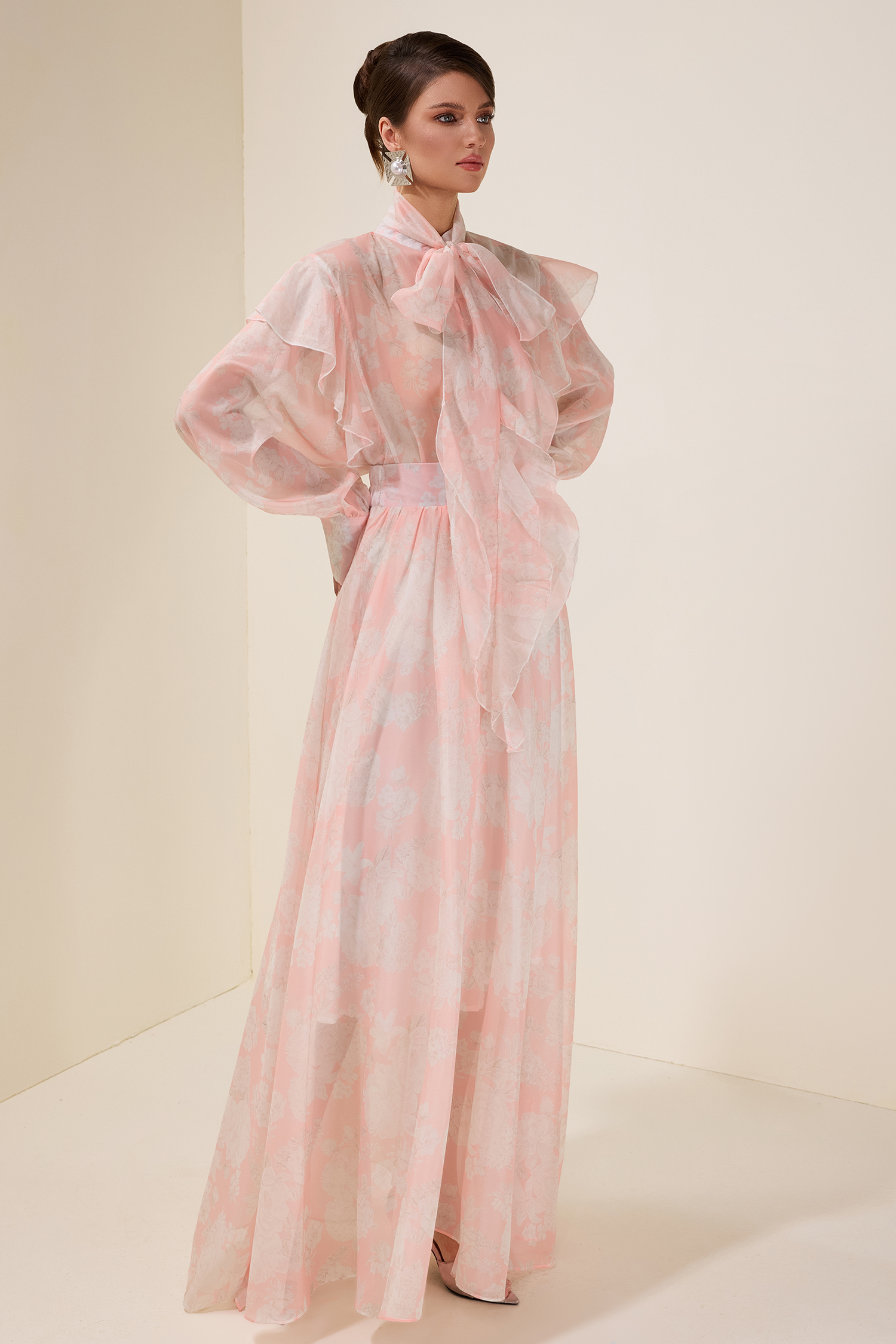 Floral Ruffle Tie-Up Top & High Waist Midi Skirt Set