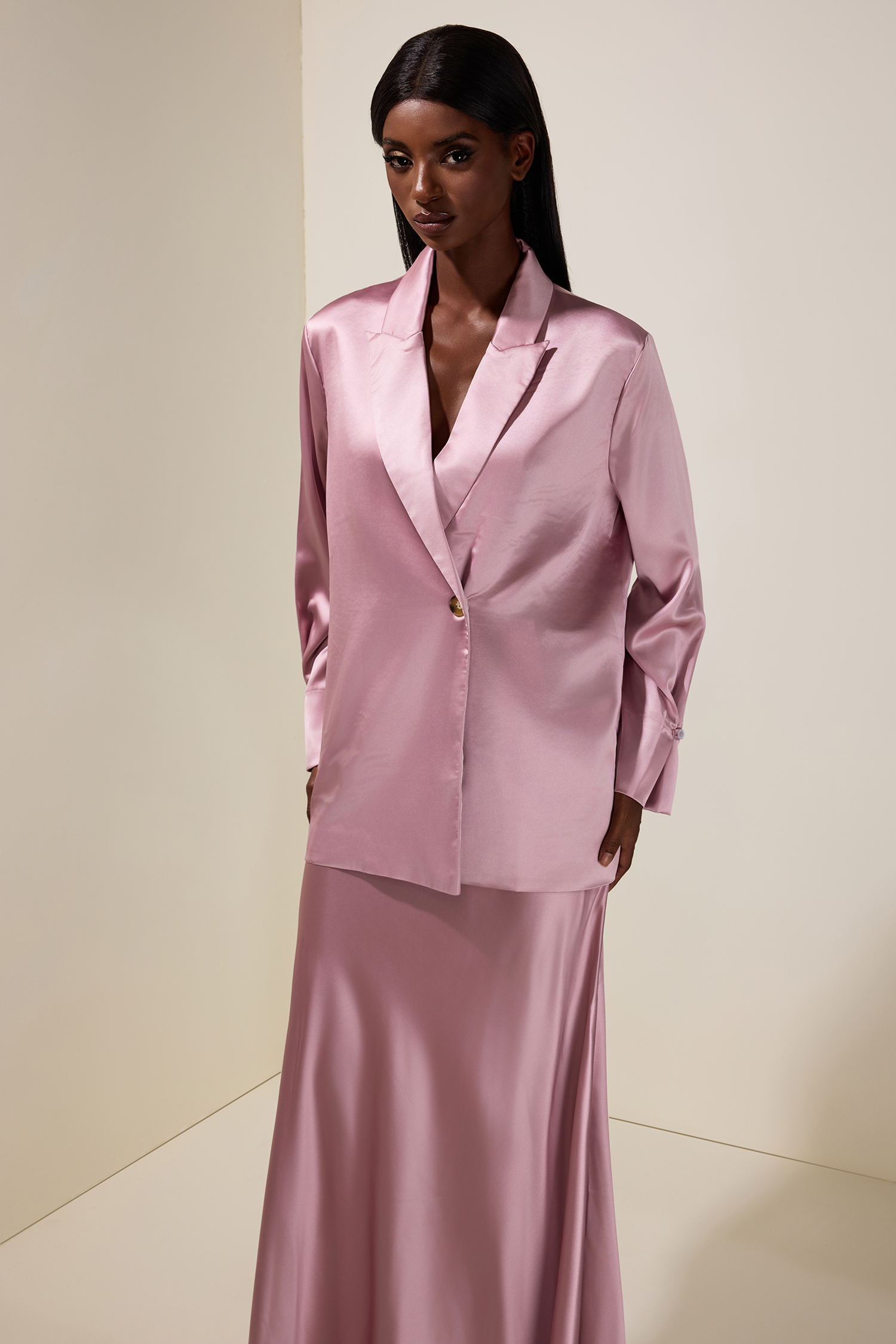 Satin Button Blazer & High Waist Maxi Skirt Set