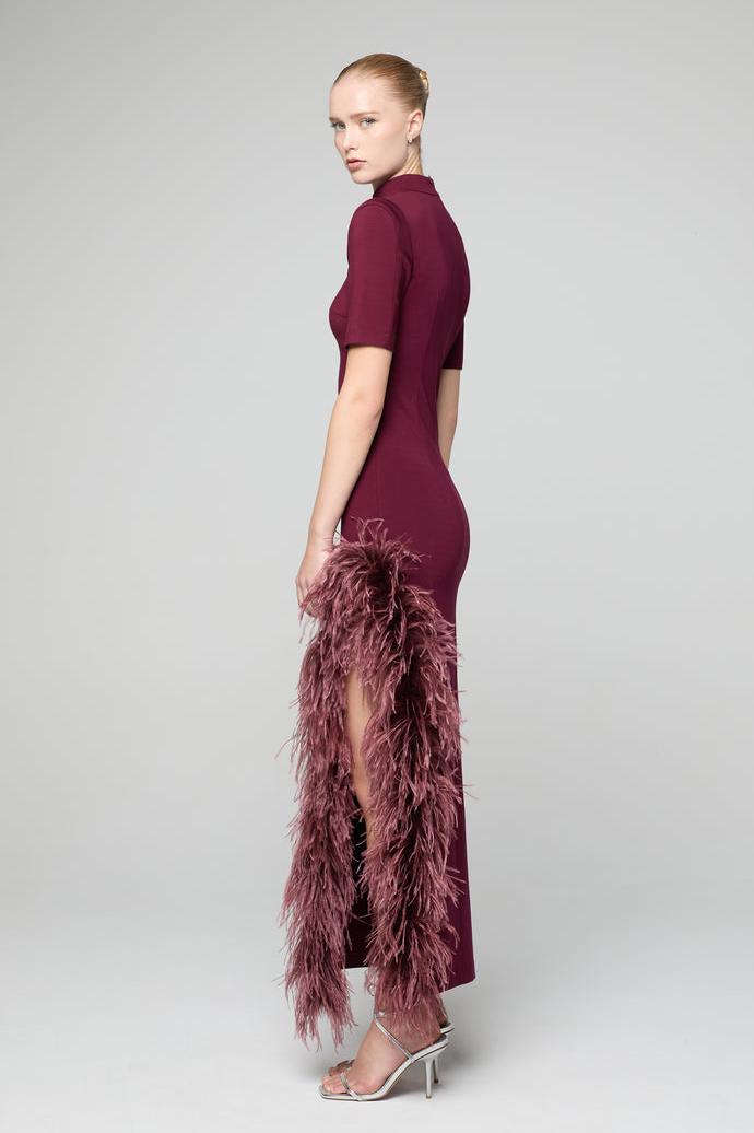 Feather Stand Collar Slit Midi Dress