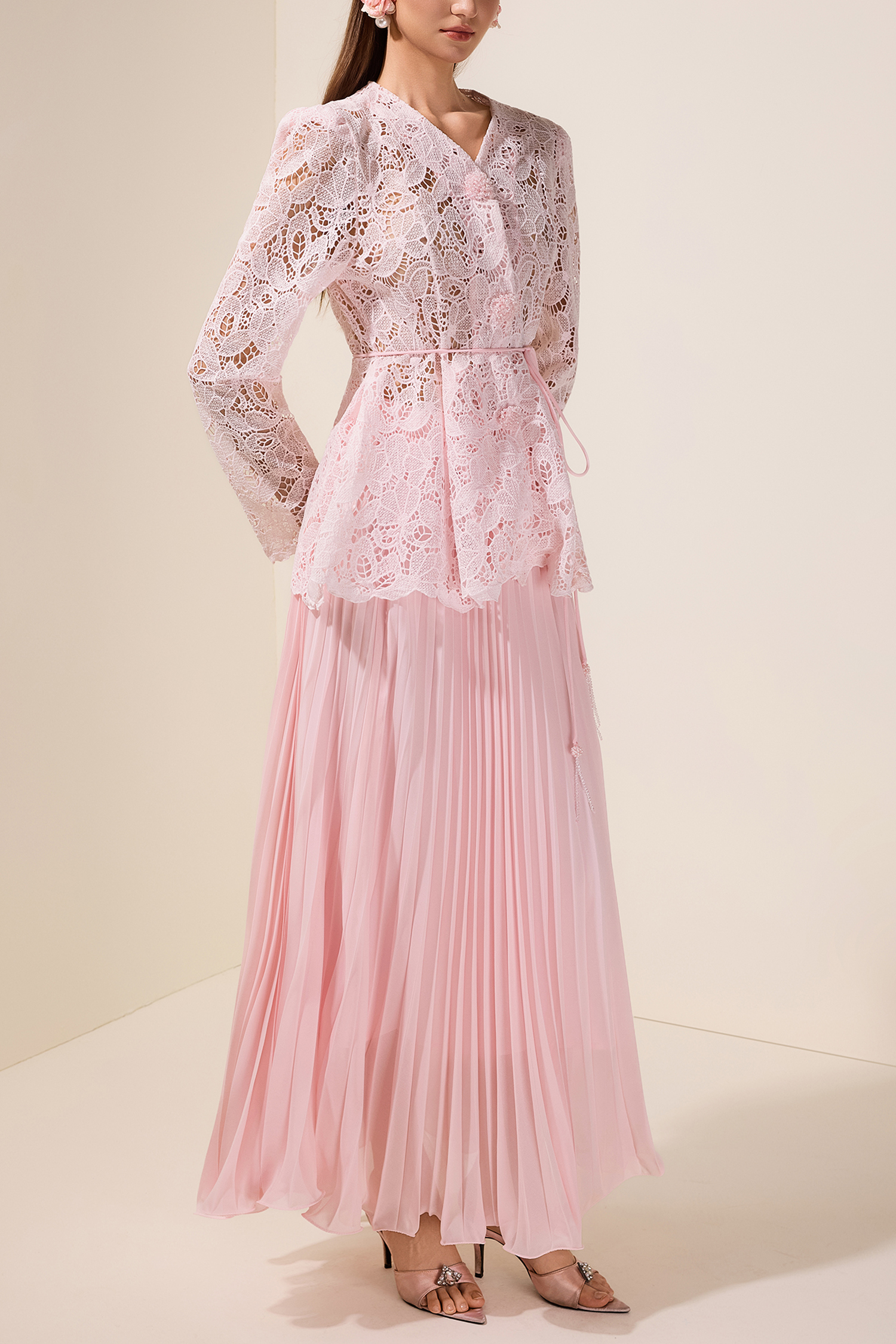 Lace Rhinestone Top With Belt & High Waist Pleated Maxi Skirt Set