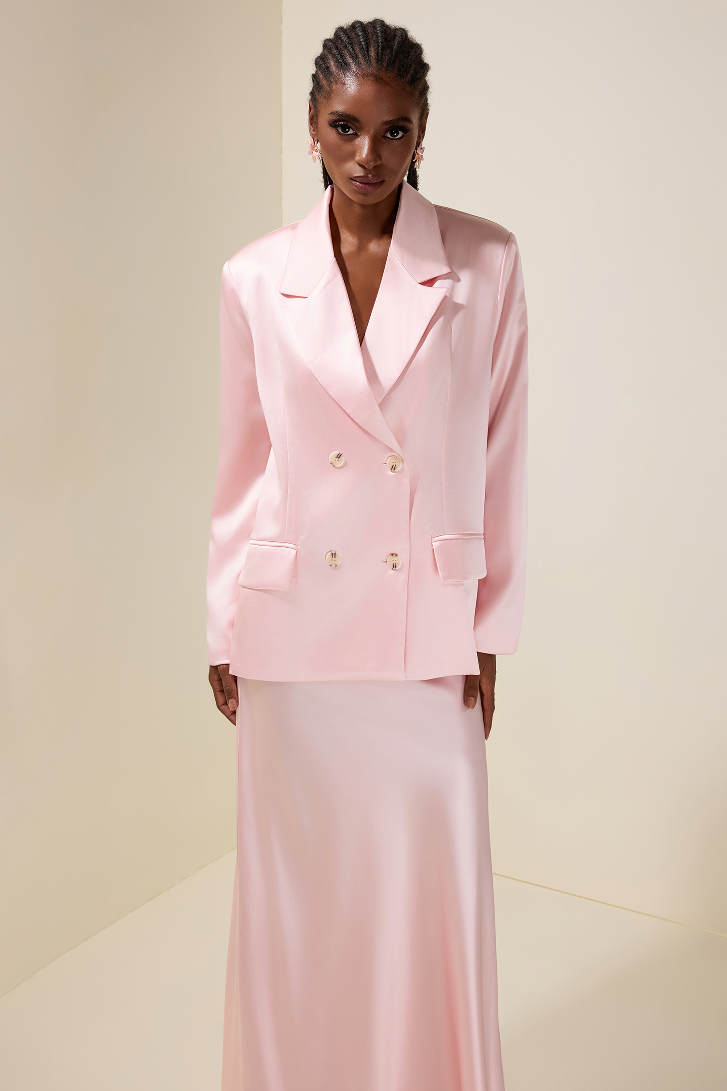 Solid Tailored Collar Blazer & High Waist Maxi Skirt Set