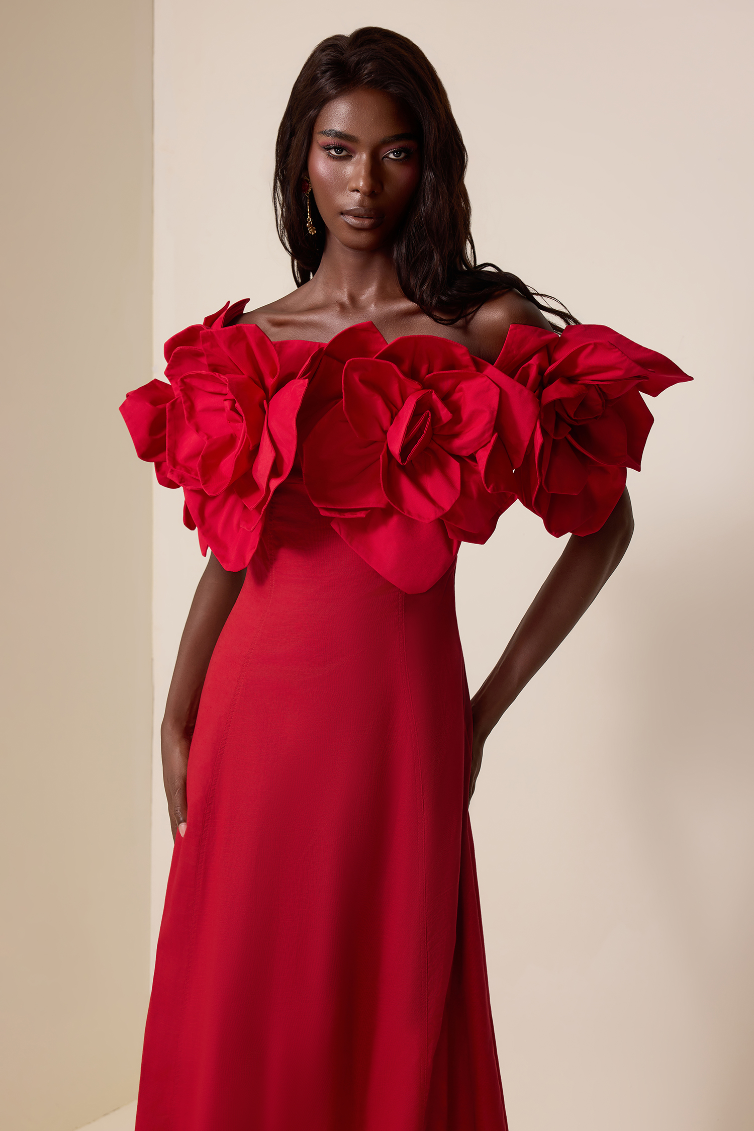 3D Flower Solid Off-Shoulder Midi Dress