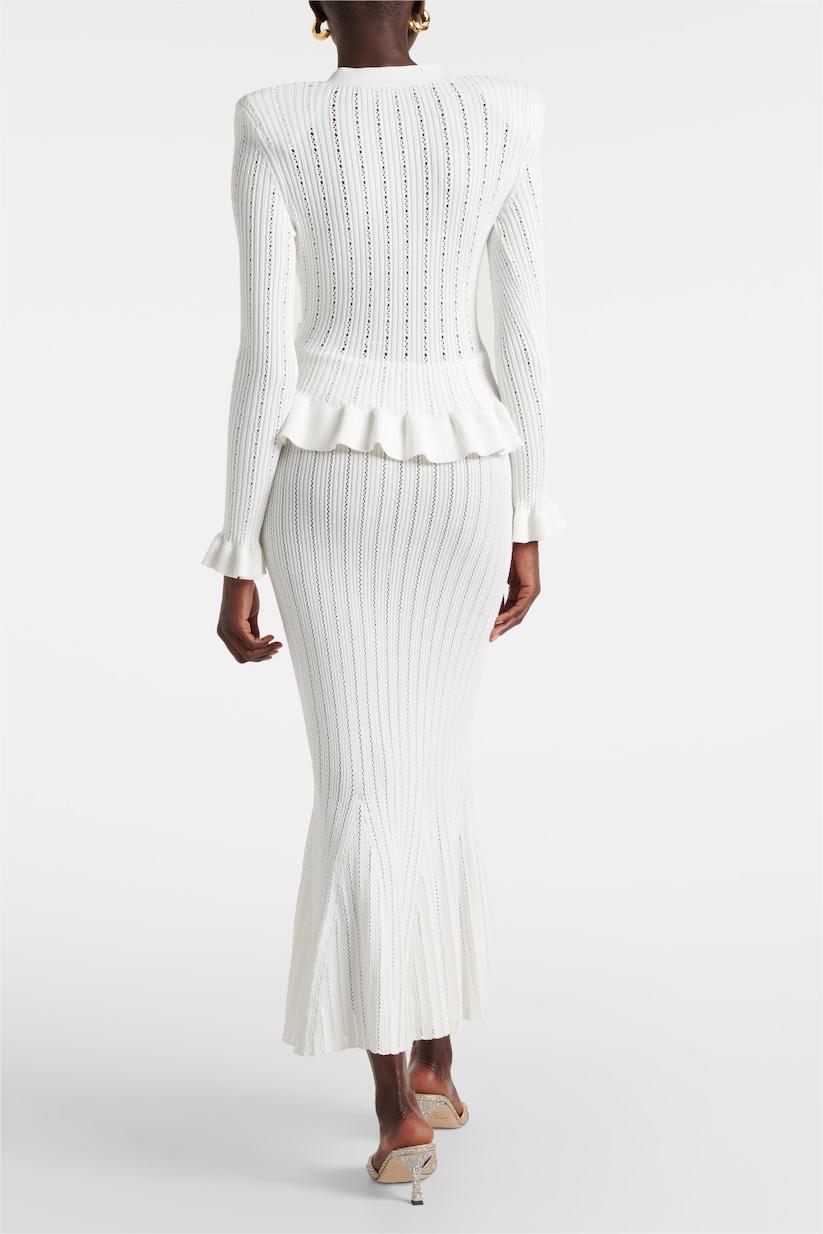 Solid Metal Button Top ＆ High Waist Knit Midi Skirt Set