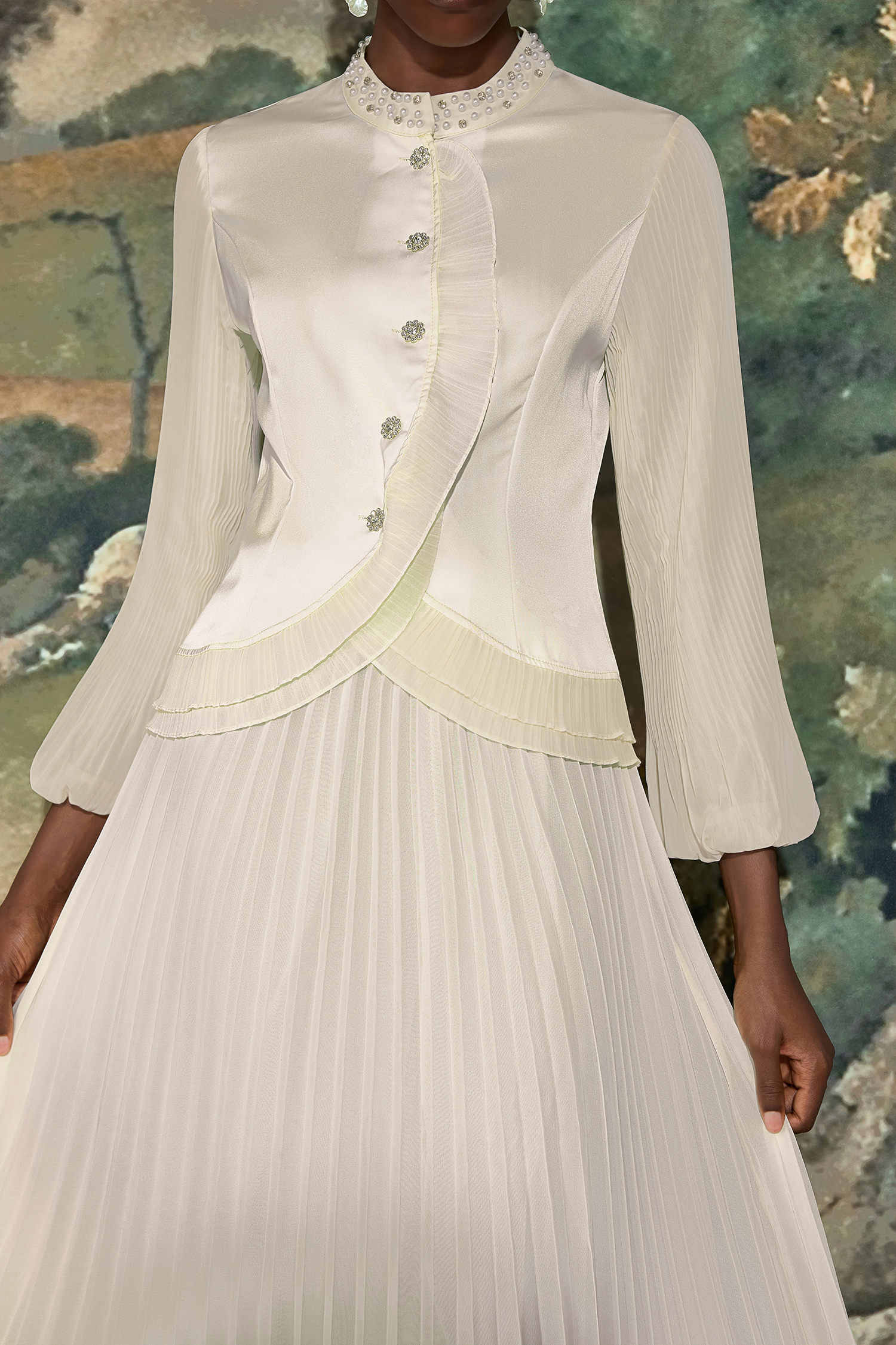 Chiffon Splicing Satin Top & High Waist Pleated Maxi Skirt Set