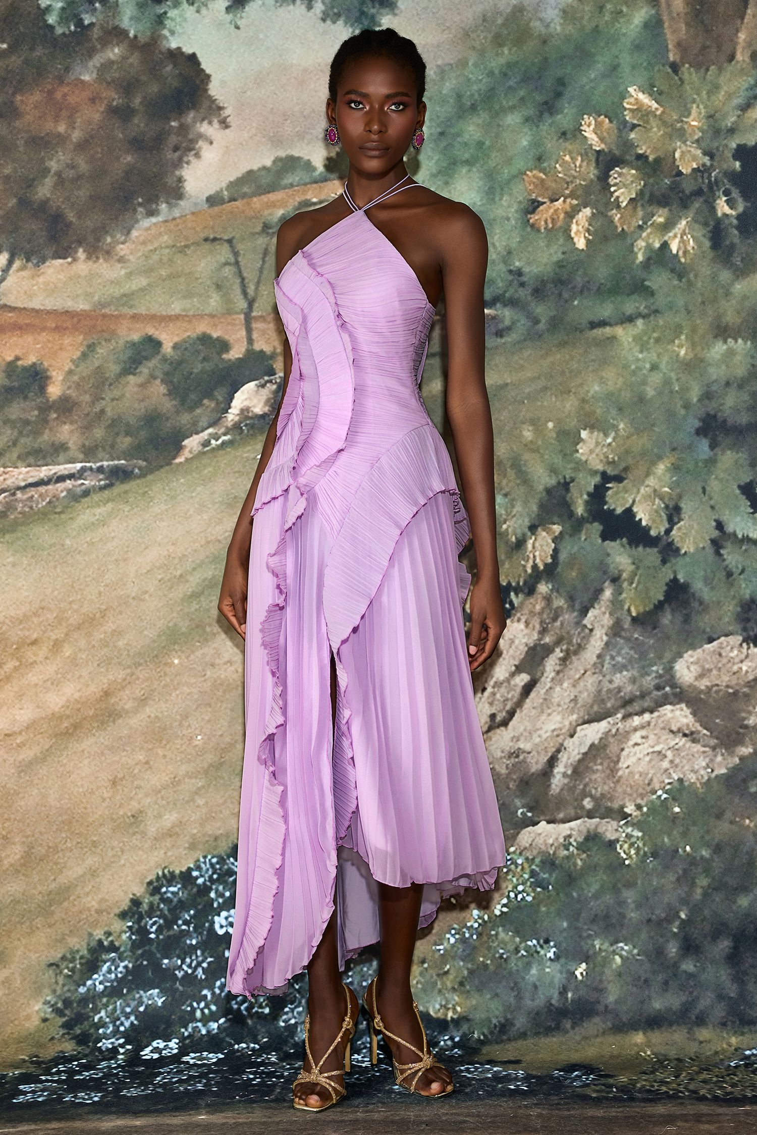 Pleated Frill Halter Neck Midi Dress