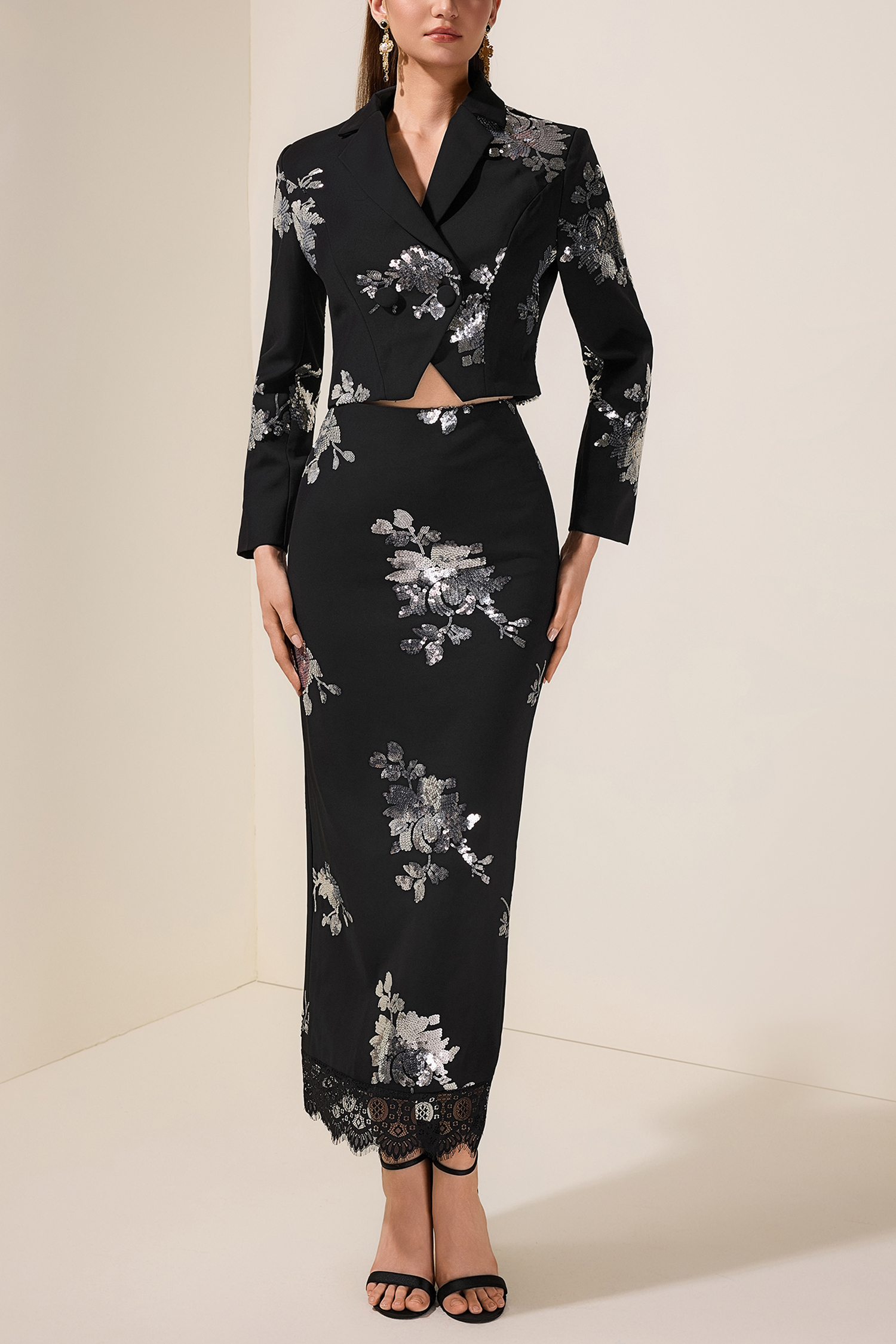 Sequin Floral Tailored Collar Blazer & High Waist Lace Midi Skirt Set