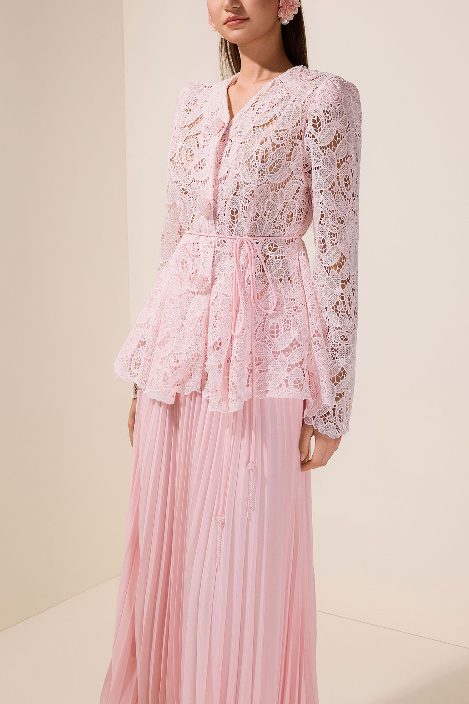 Lace Rhinestone Top With Belt & High Waist Pleated Maxi Skirt Set