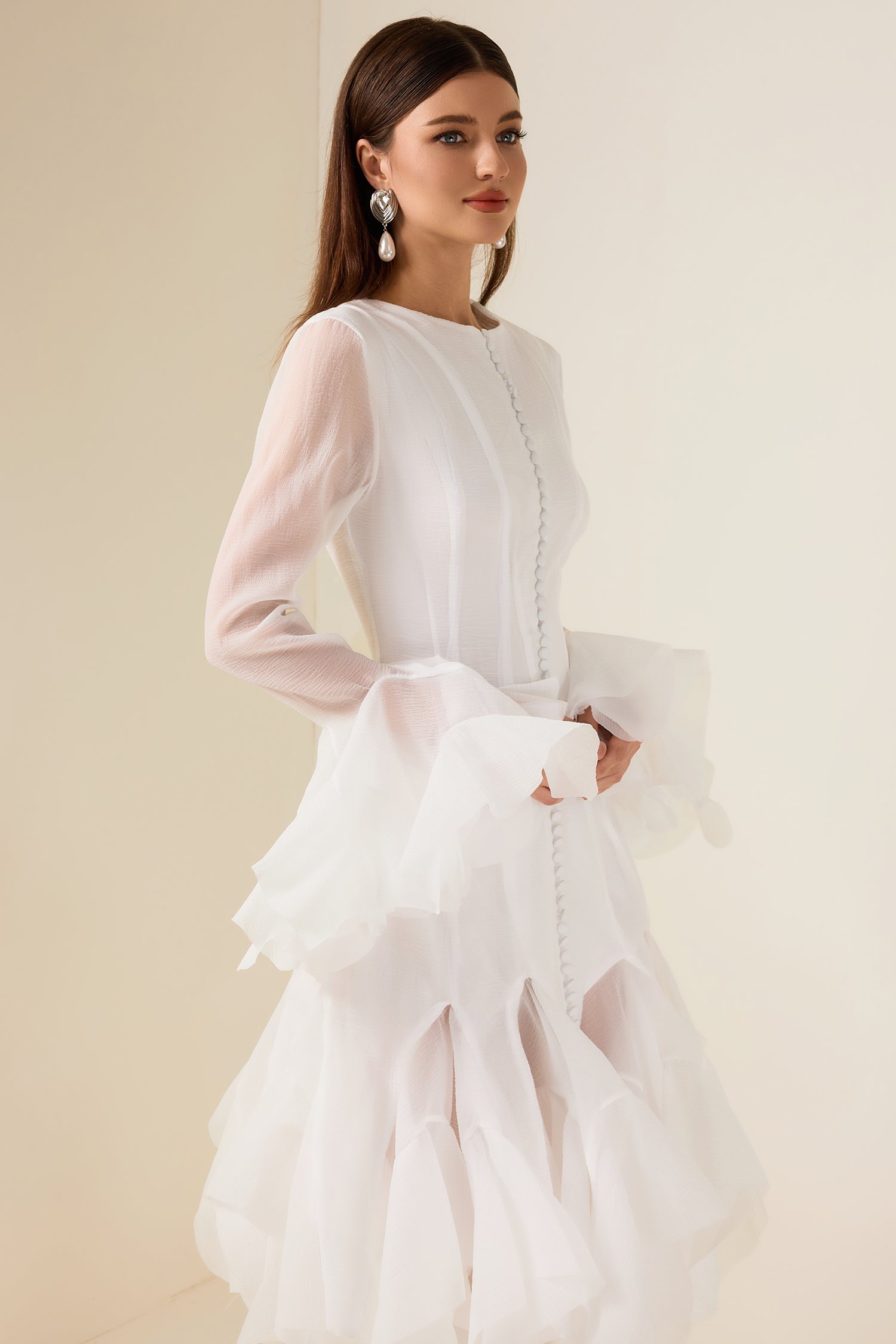 Solid Ruffle Bell Sleeve Midi Dress