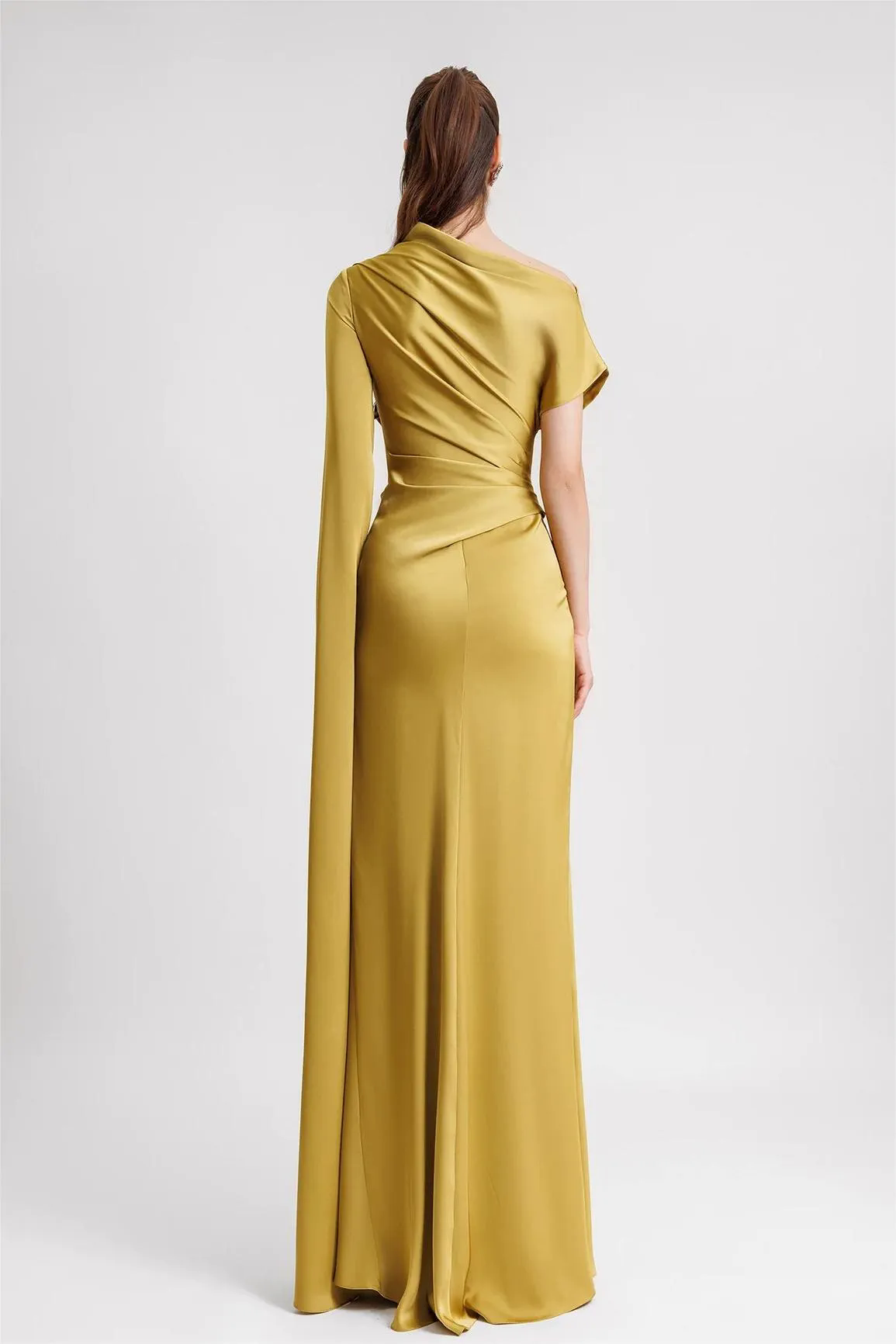Satin Asymmetrical Neckline Draped Maxi Dress
