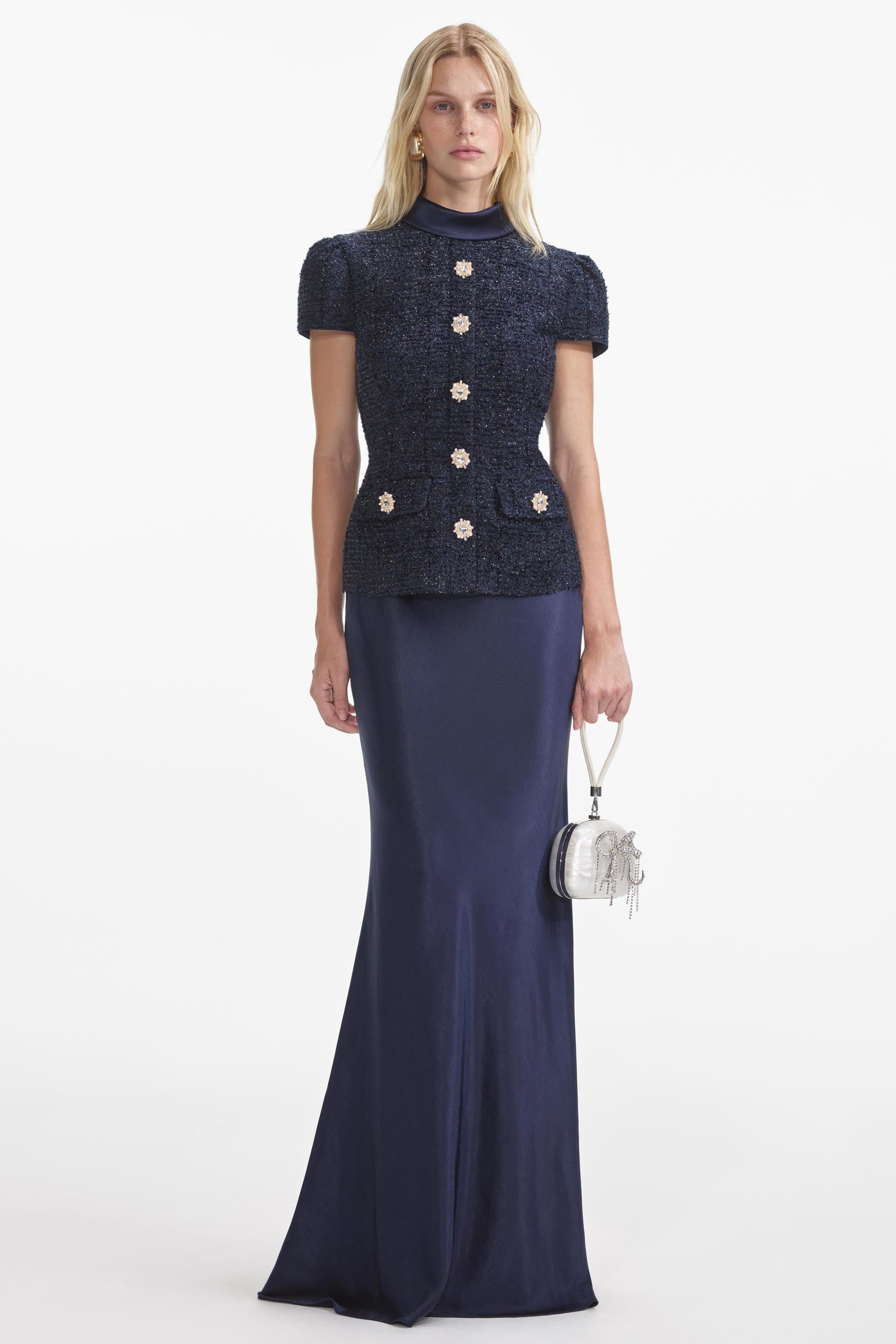 Rivet Stand Collar Top & Satin High Waist Midi Skirt Set