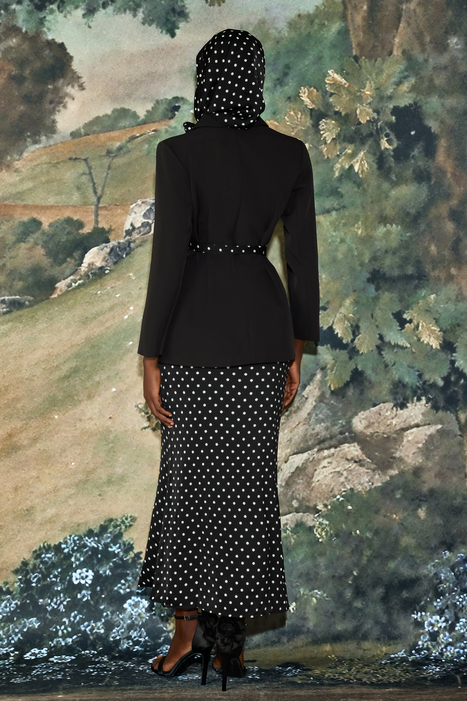 3D Flower Kerchief Blazer & Dots Midi Skirt Set