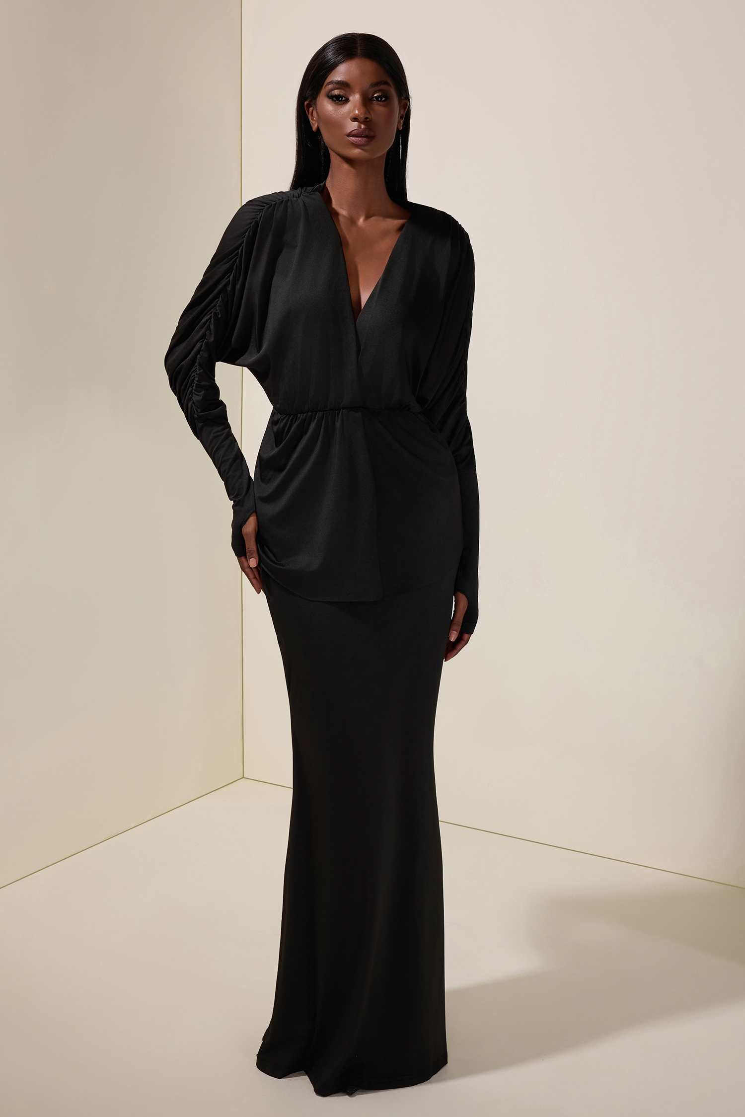 Jersey V-Neck Gathering Top & High Waist Maxi Skirt Set