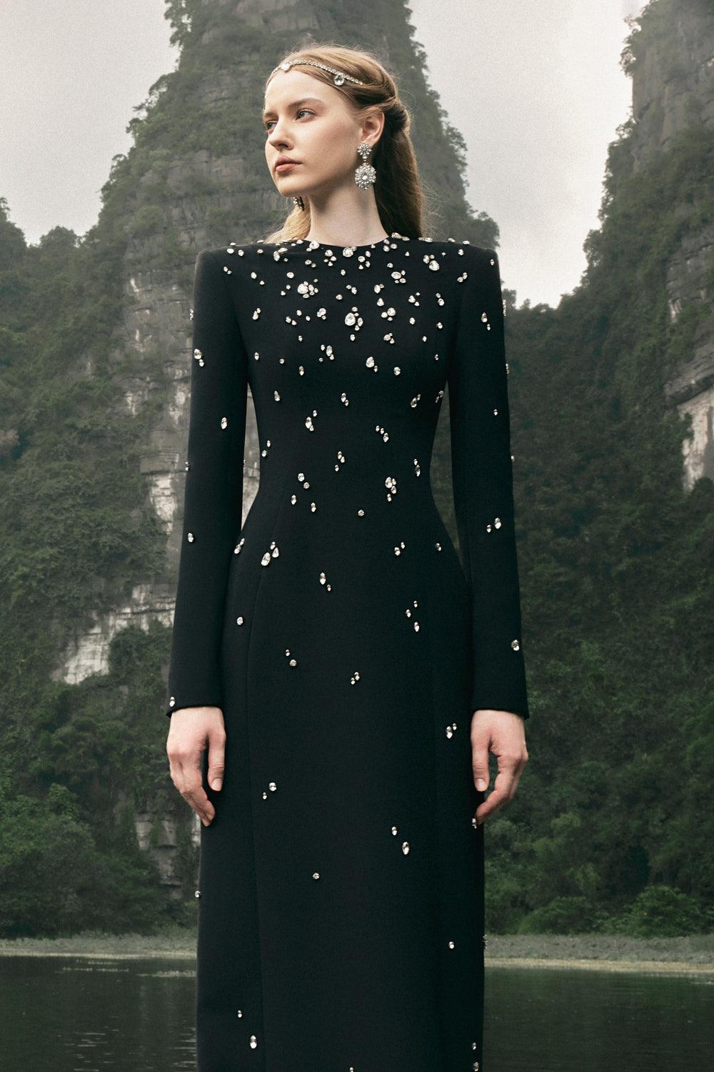 Rhinestone Rivets Long Sleeve Maxi Dress