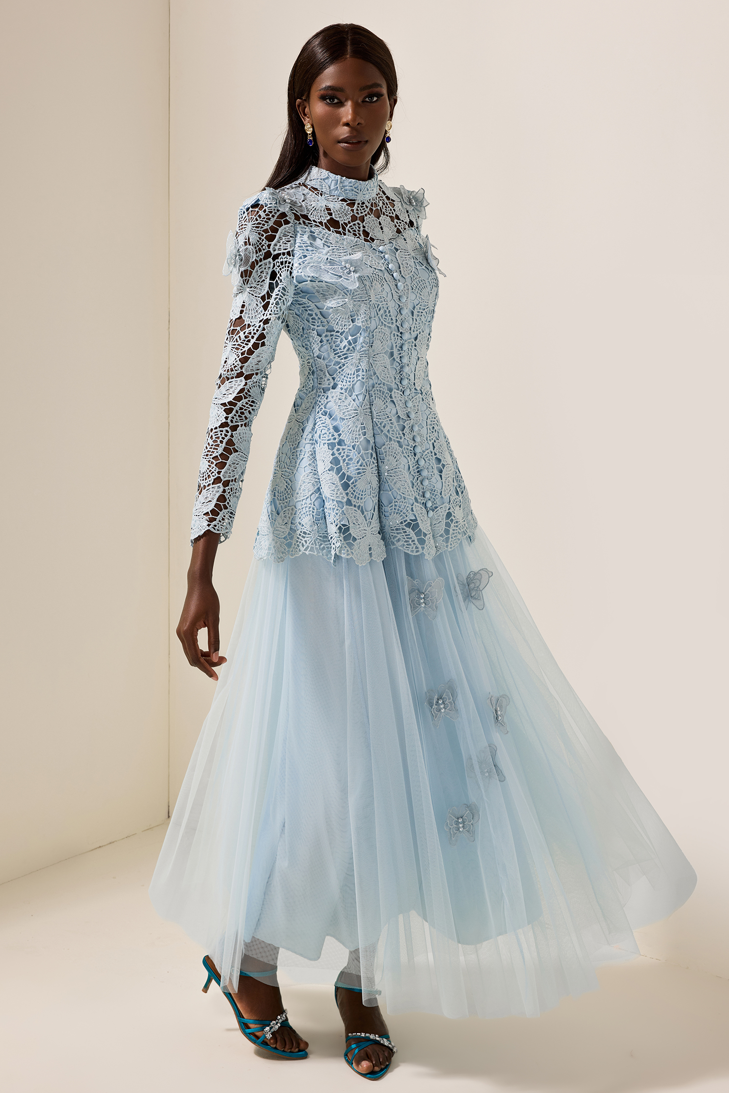 Embroidery Solid Top & Mesh Midi Skirt Set