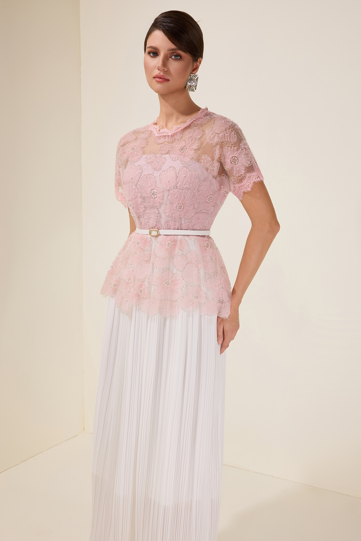 Lace Splicing Pleated Midi Dress With Belt