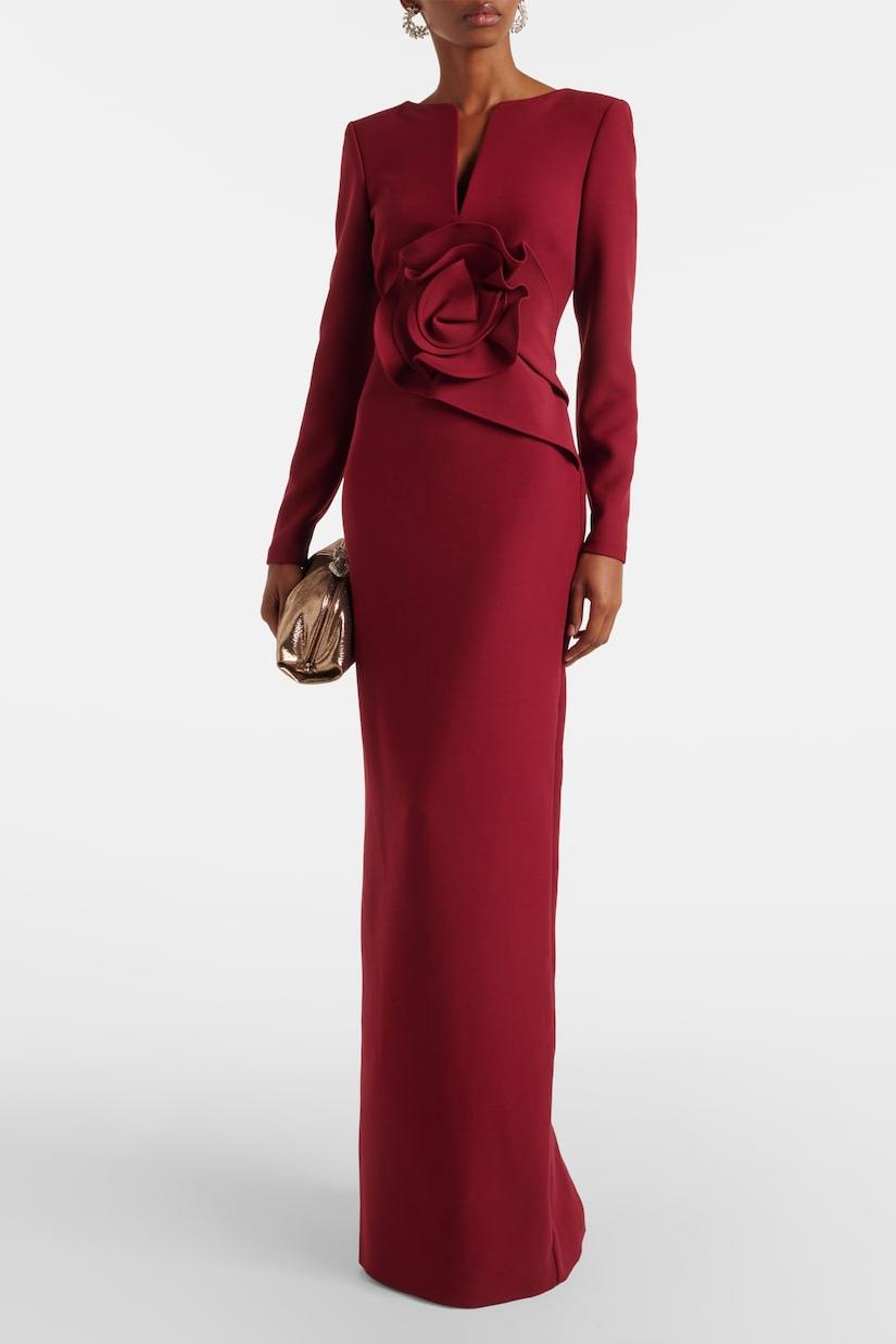 3D Flower Solid Long Sleeve Maxi Dress