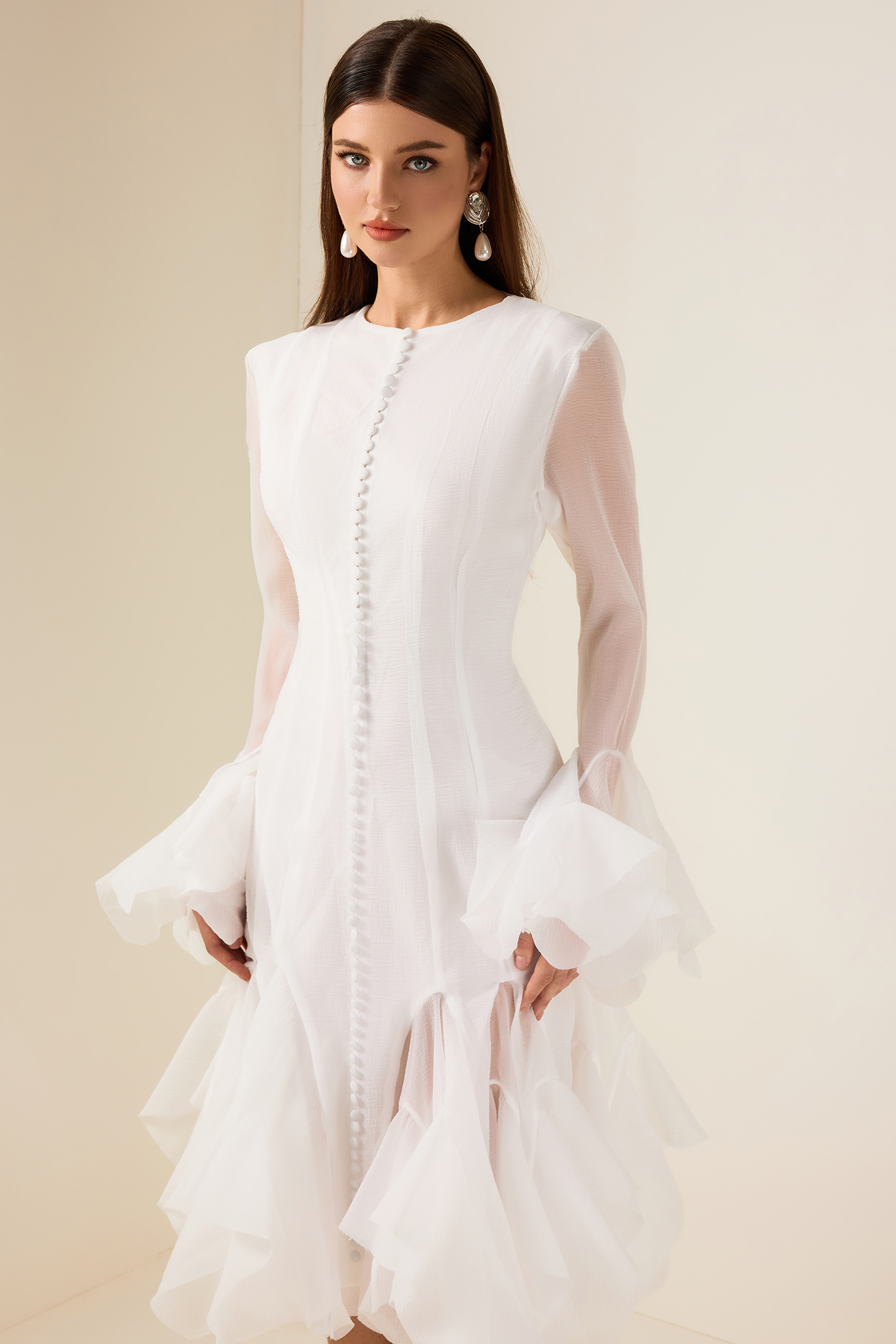 Solid Ruffle Bell Sleeve Midi Dress
