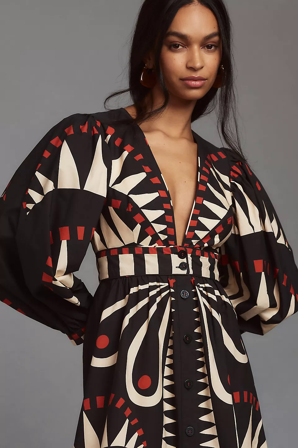 Single Breasted Puff Sleeve V-Neck Midi Dress