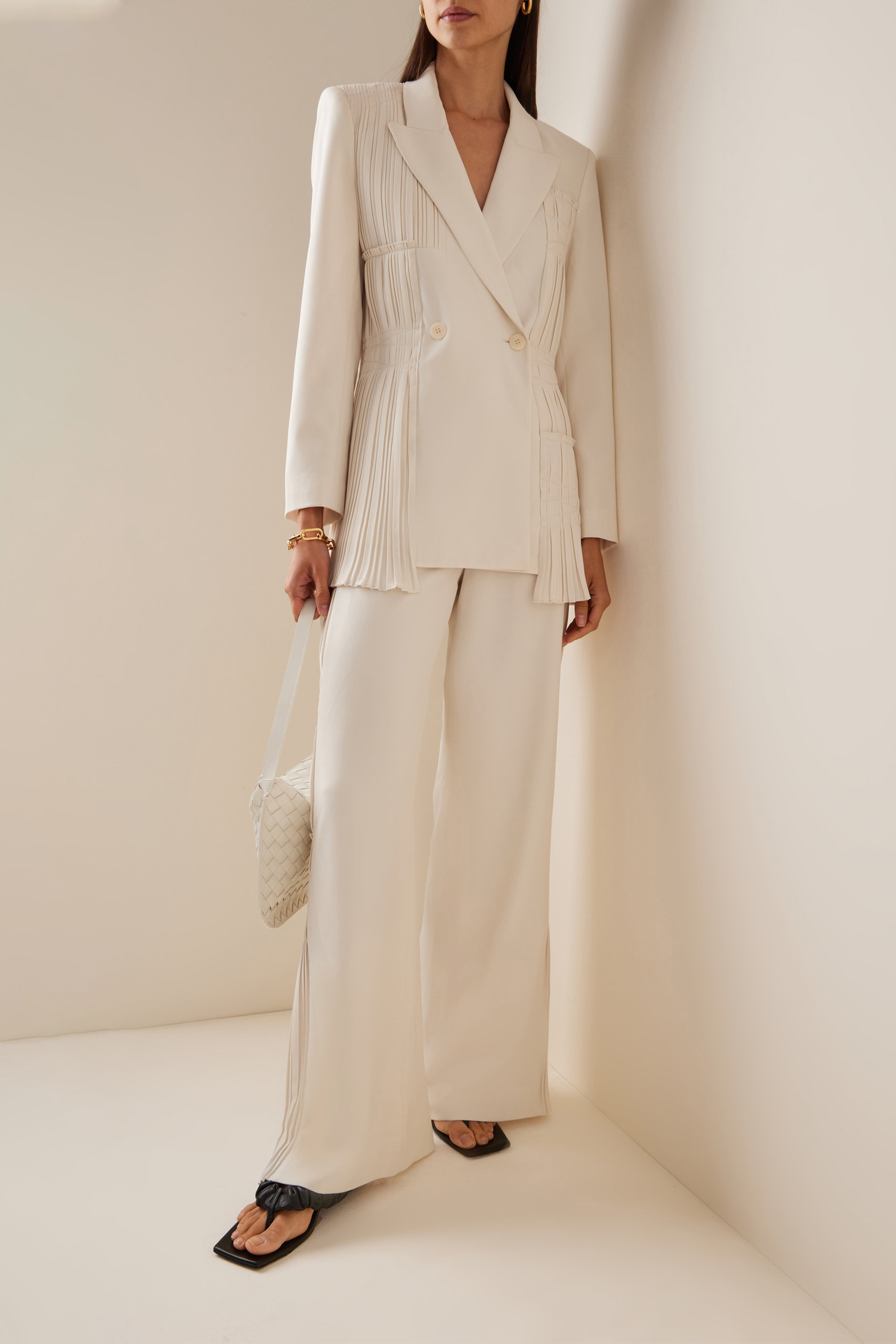 Pleat Solid Tailored Collar Blazer & High Waist Loose Pants Set