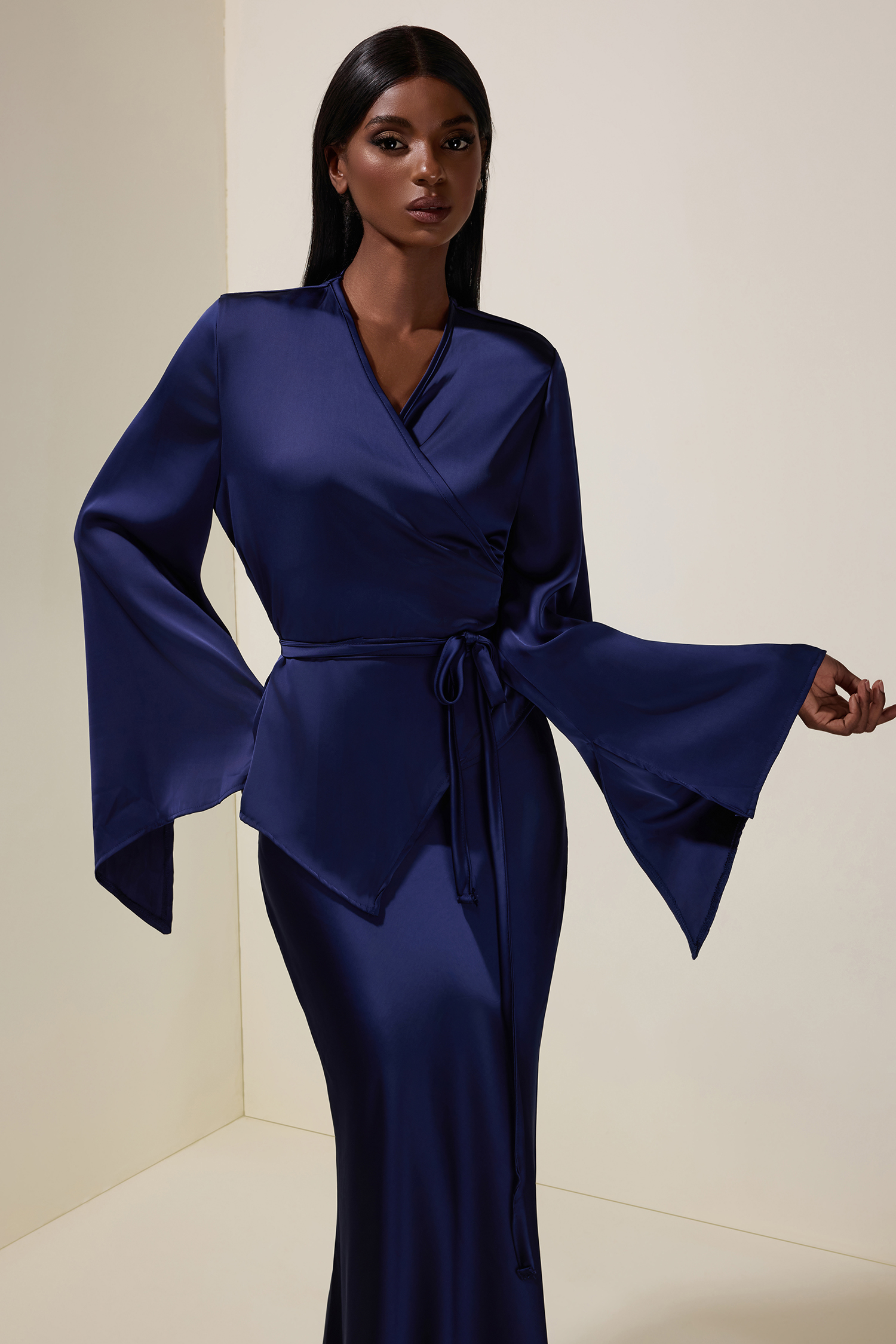 Satin Wrap Top & High Waist Maxi Skirt Set