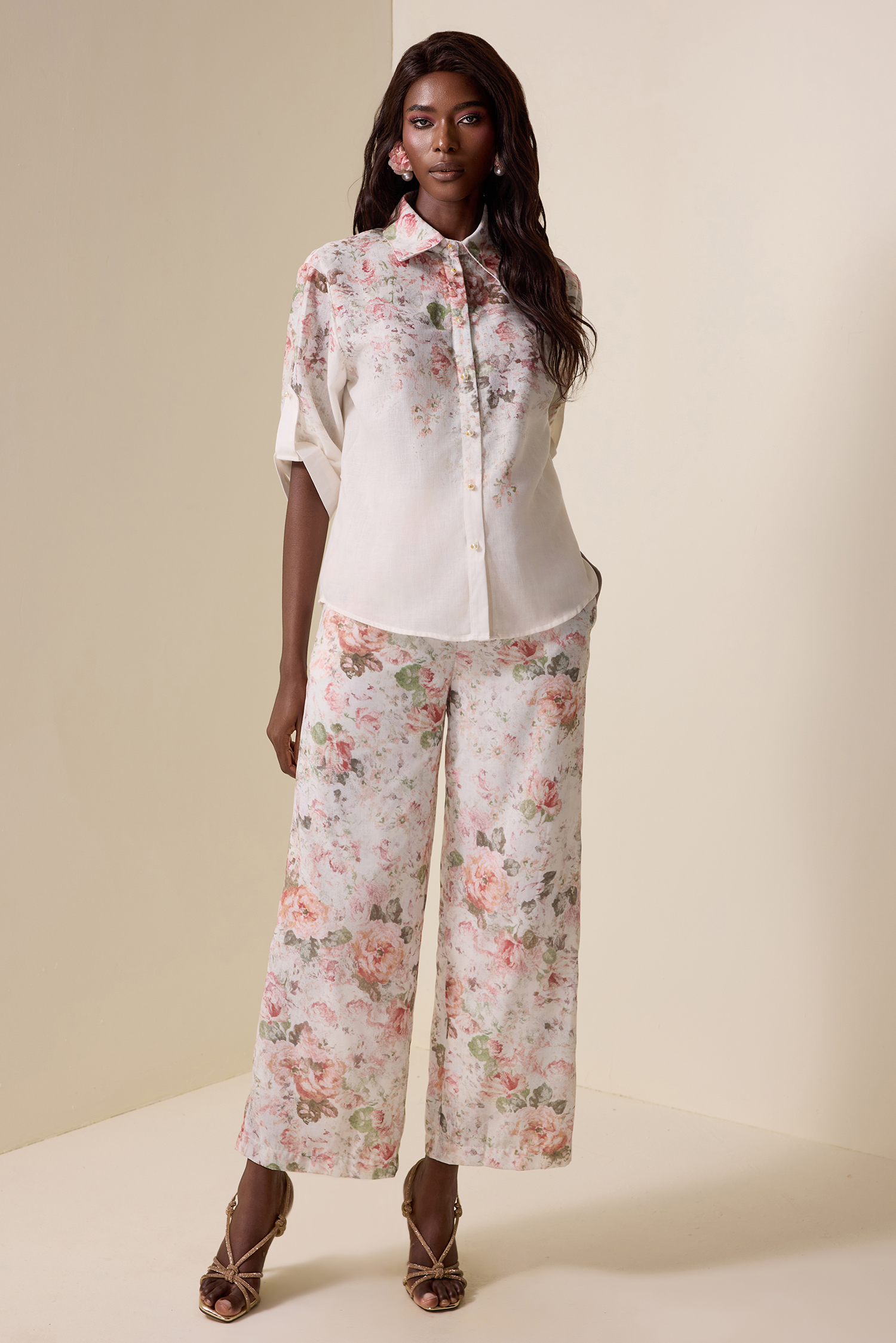 Floral Shirt Collar Short Sleeve Top & High Waist Pants Set