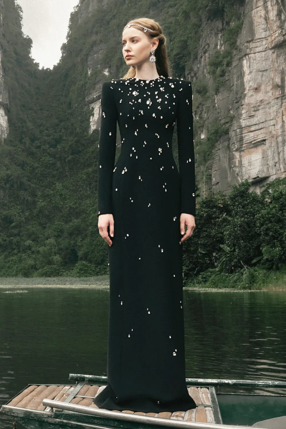 Rhinestone Rivets Long Sleeve Maxi Dress