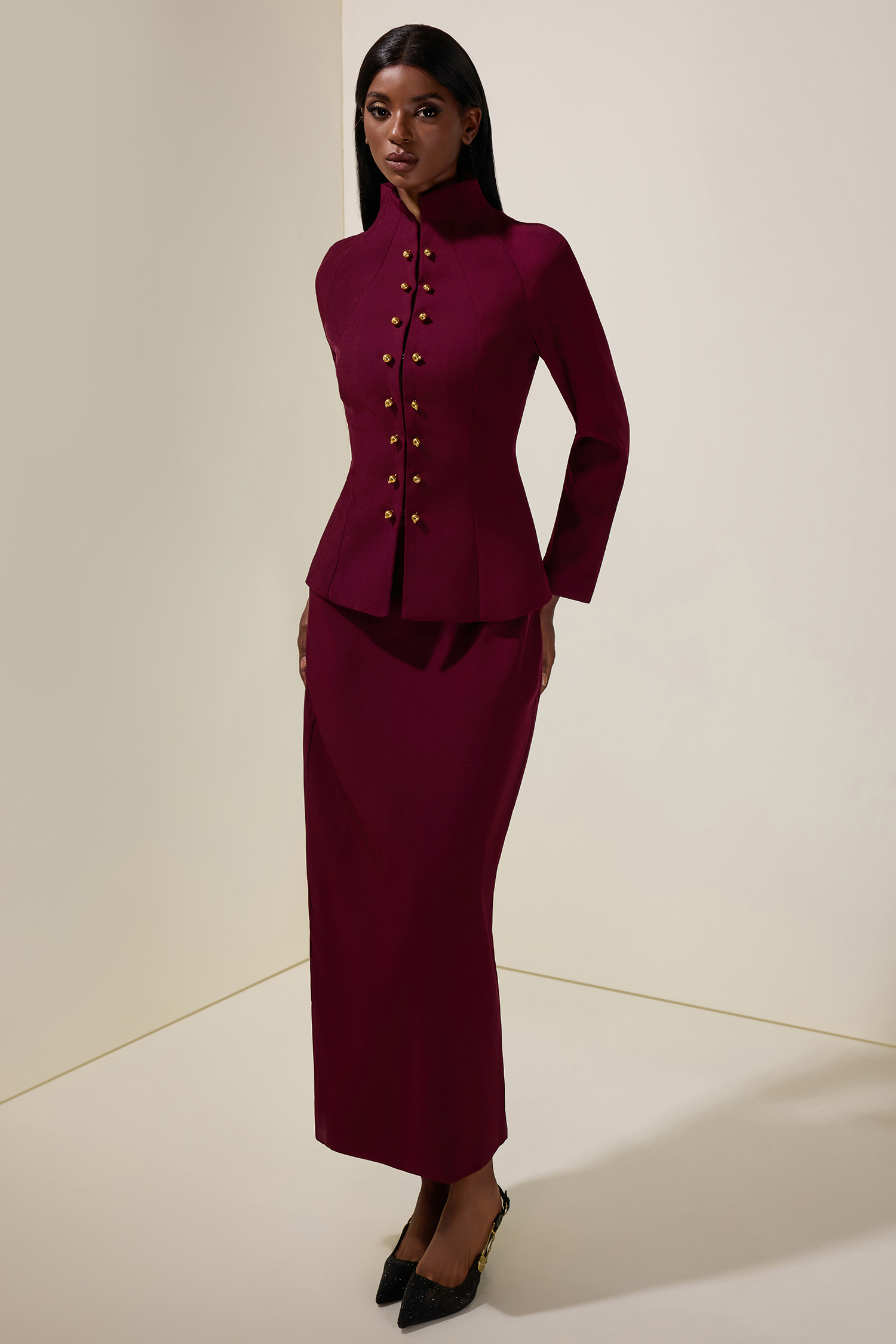 Metal Button Stand Collar Top & Mid Waist Midi Skirt Set