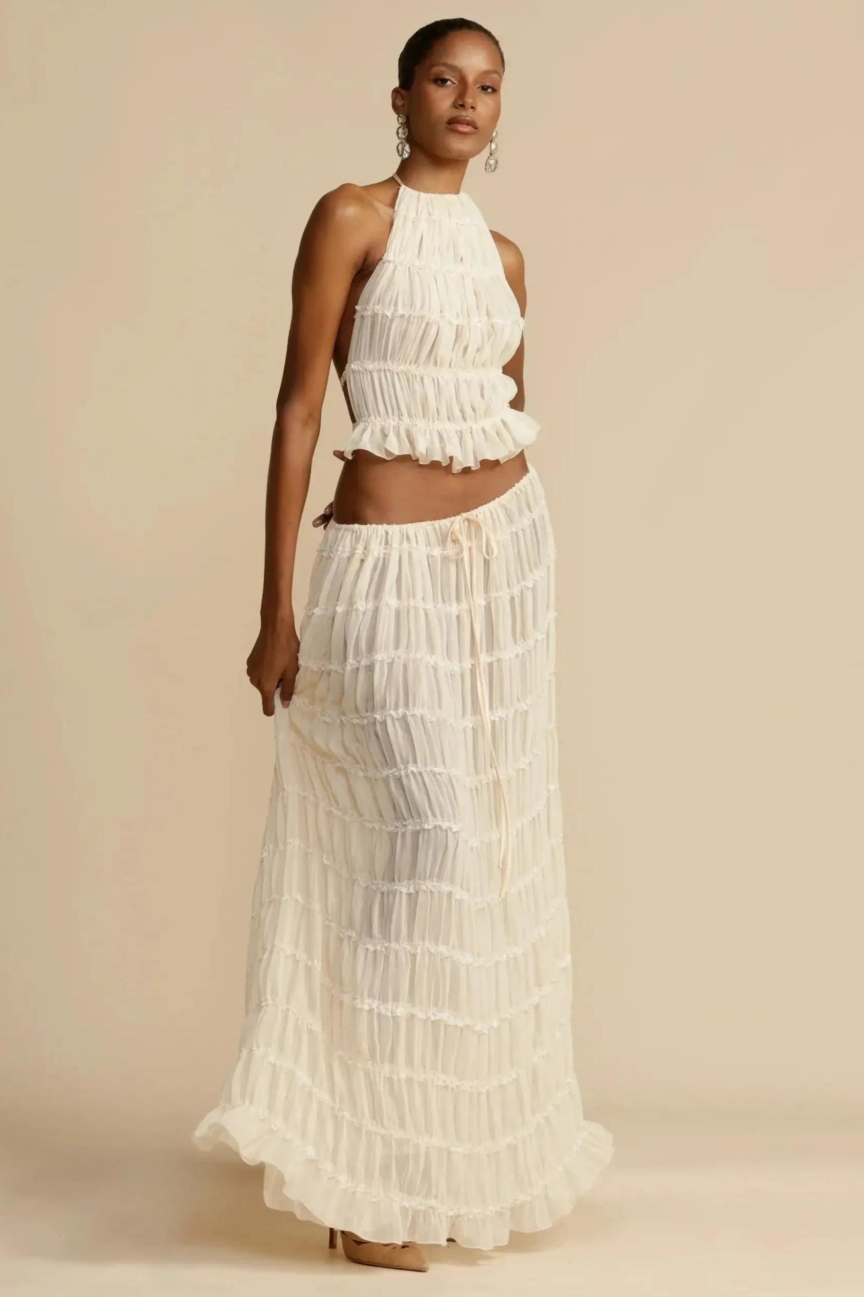 Smocking Halter Neck Backless Top & Mid Waist Maxi Skirt Set