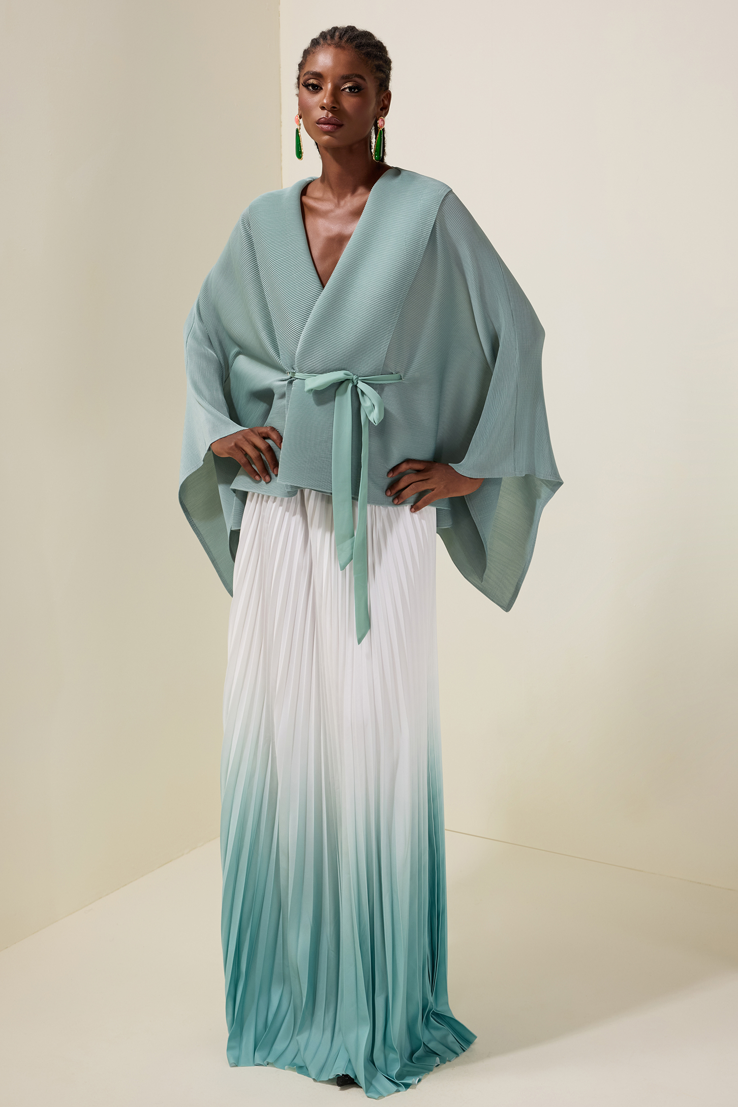 Pleated Wrap Top & Gradient Color Mid Waist Skirt Set