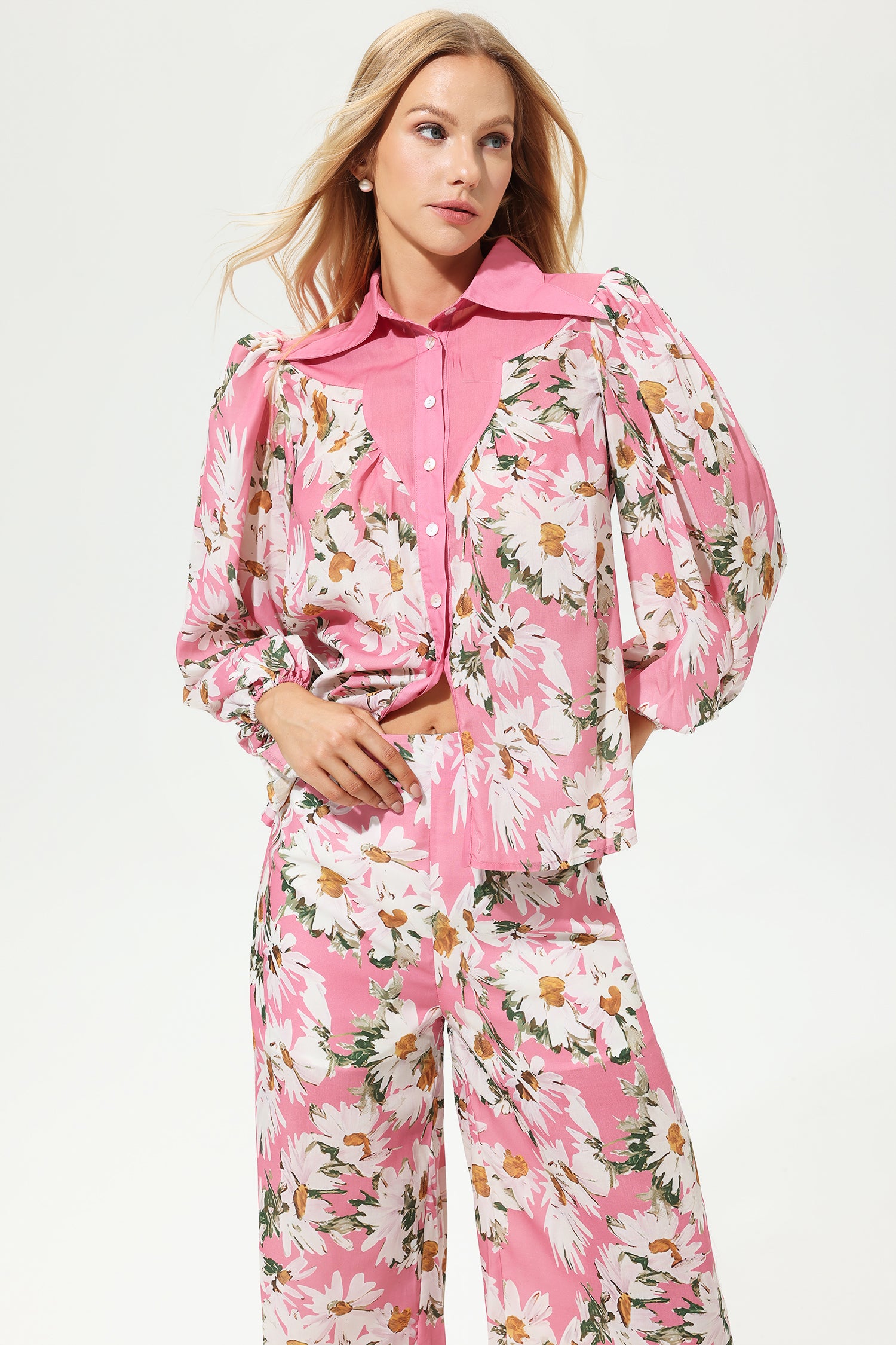 Floral Puff Sleeve Lapel Shirt & Long Wide Leg Pants Set