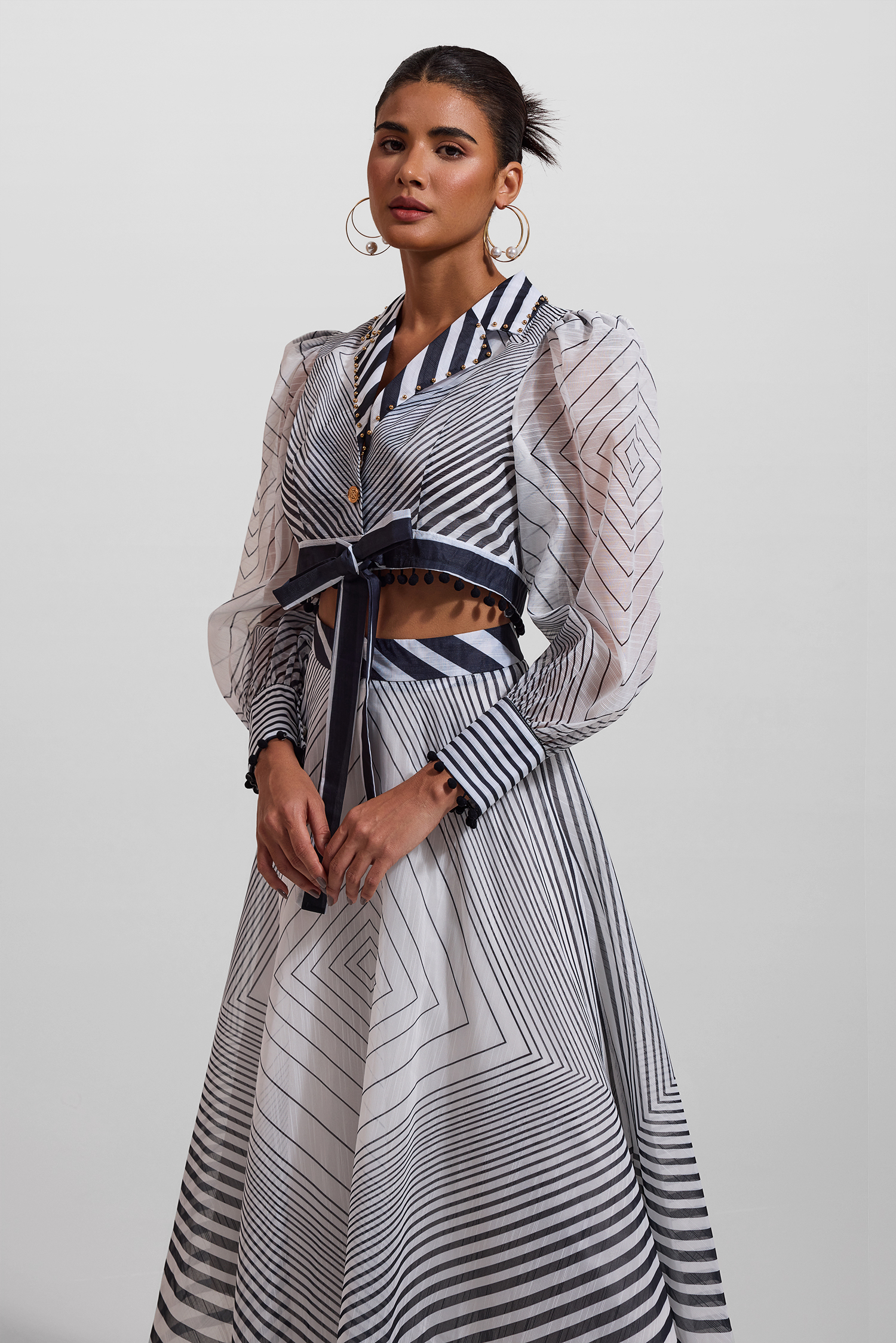 Stripe Lace Up Long Sleeve Top & Mid Waist Pleat Midi Skirt Set