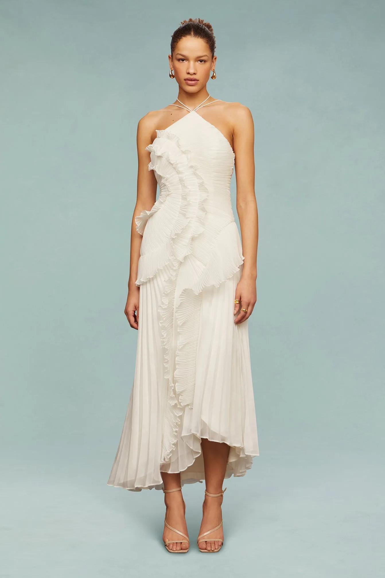 Pleated Frill Halter Neck Midi Dress