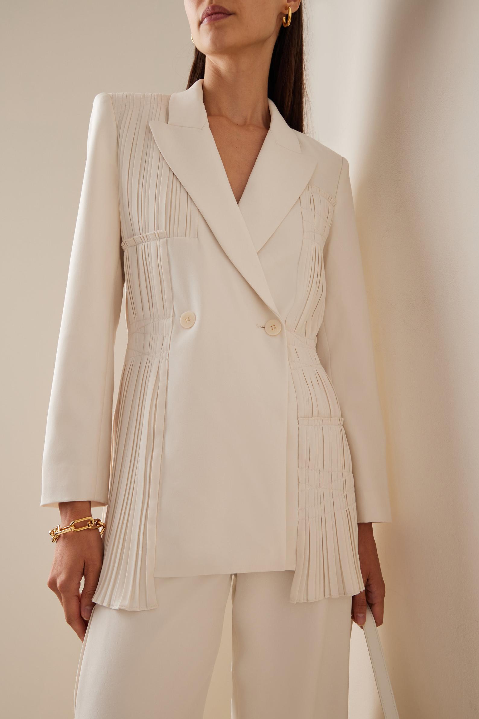 Pleat Solid Tailored Collar Blazer & High Waist Loose Pants Set