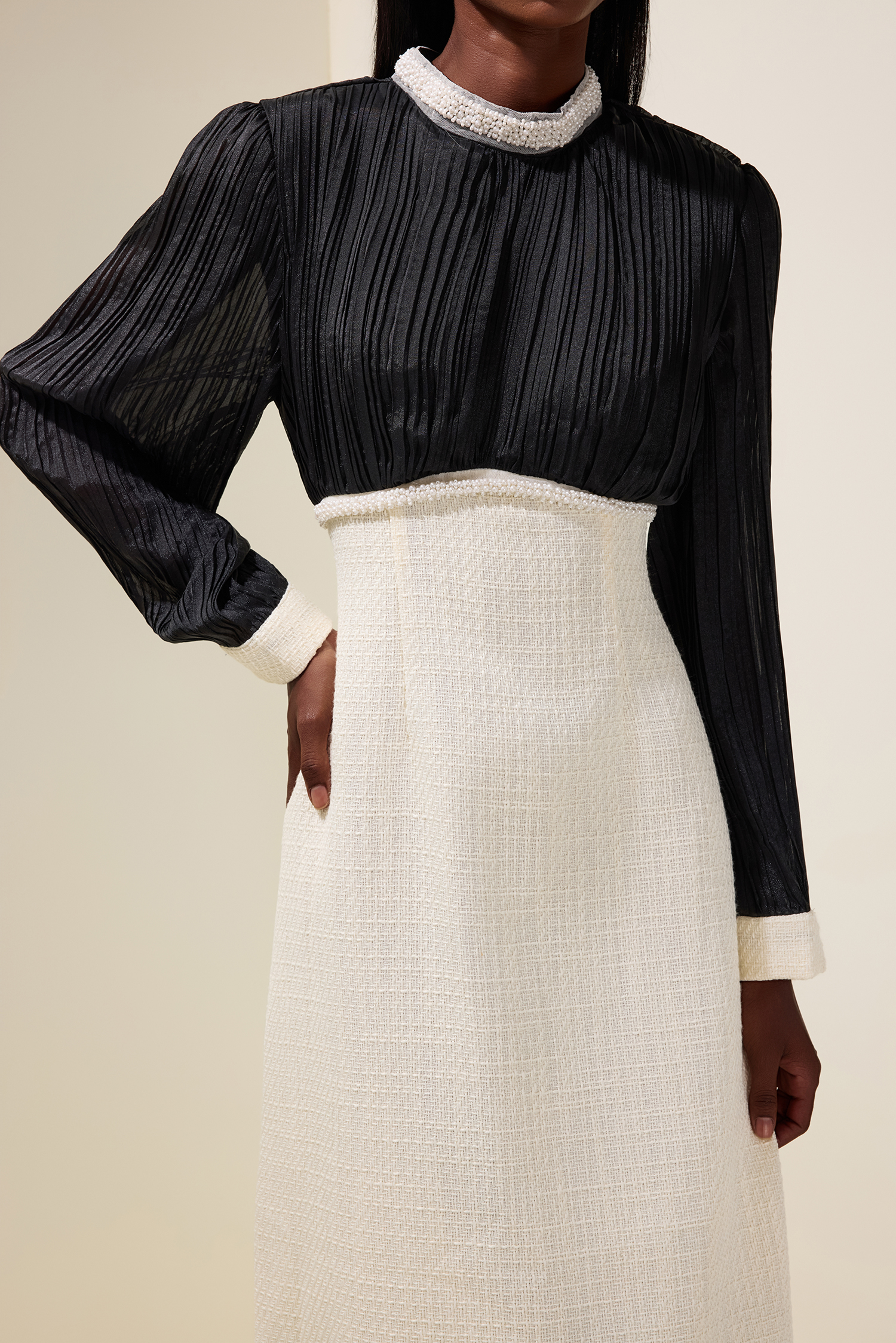 Tweed Contrast Color Rhinestone Feather Midi Dress