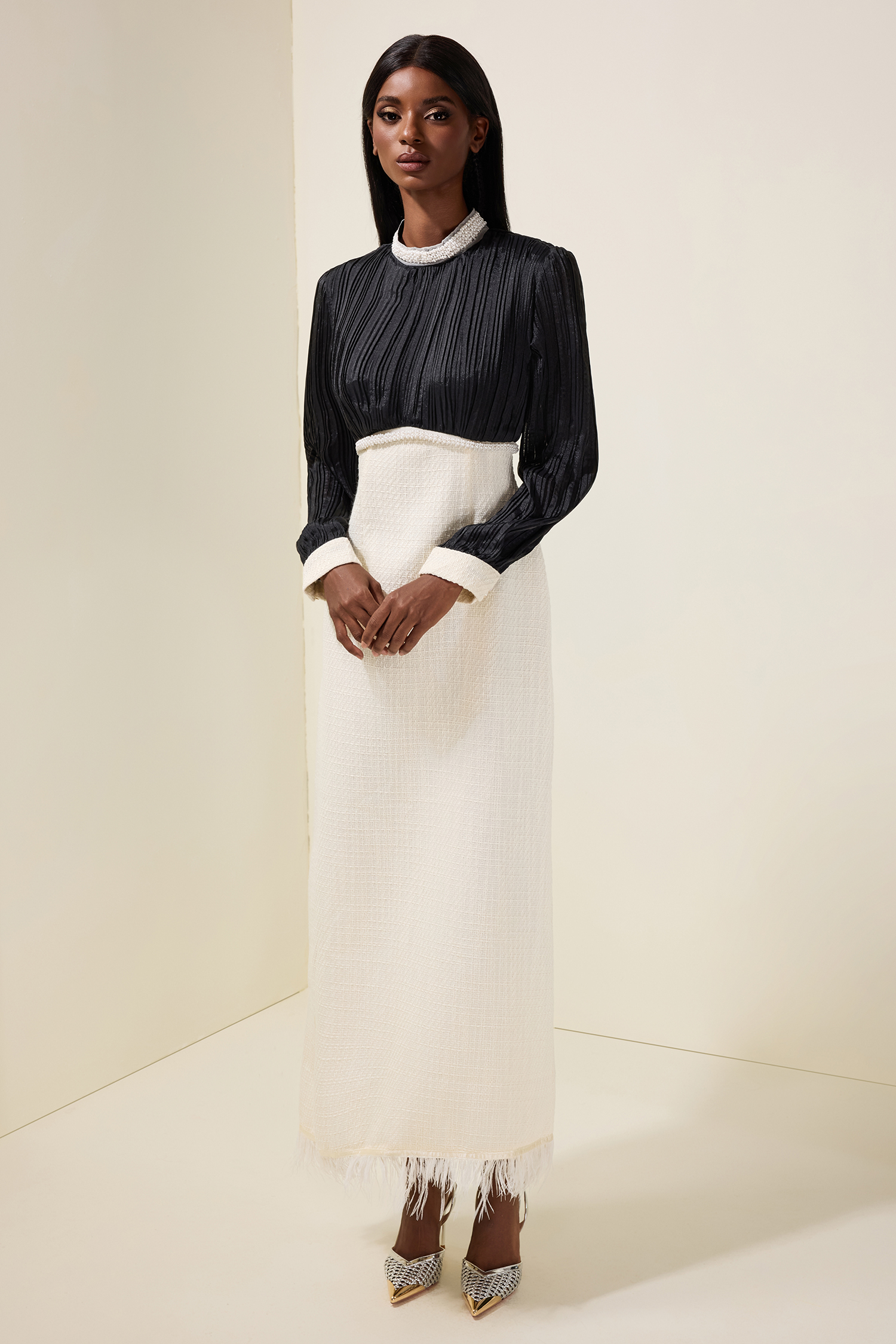 Tweed Contrast Color Rhinestone Feather Midi Dress