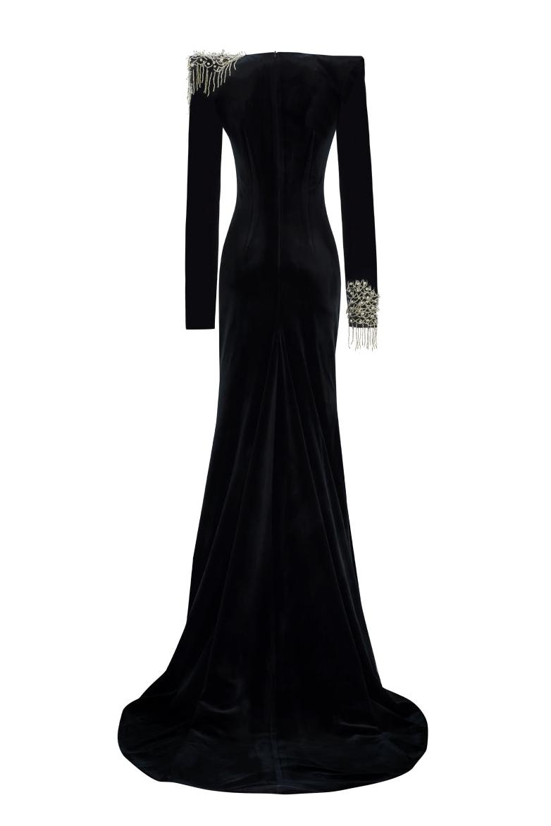 Nail Bead Embroidery Velvet Maxi Dress