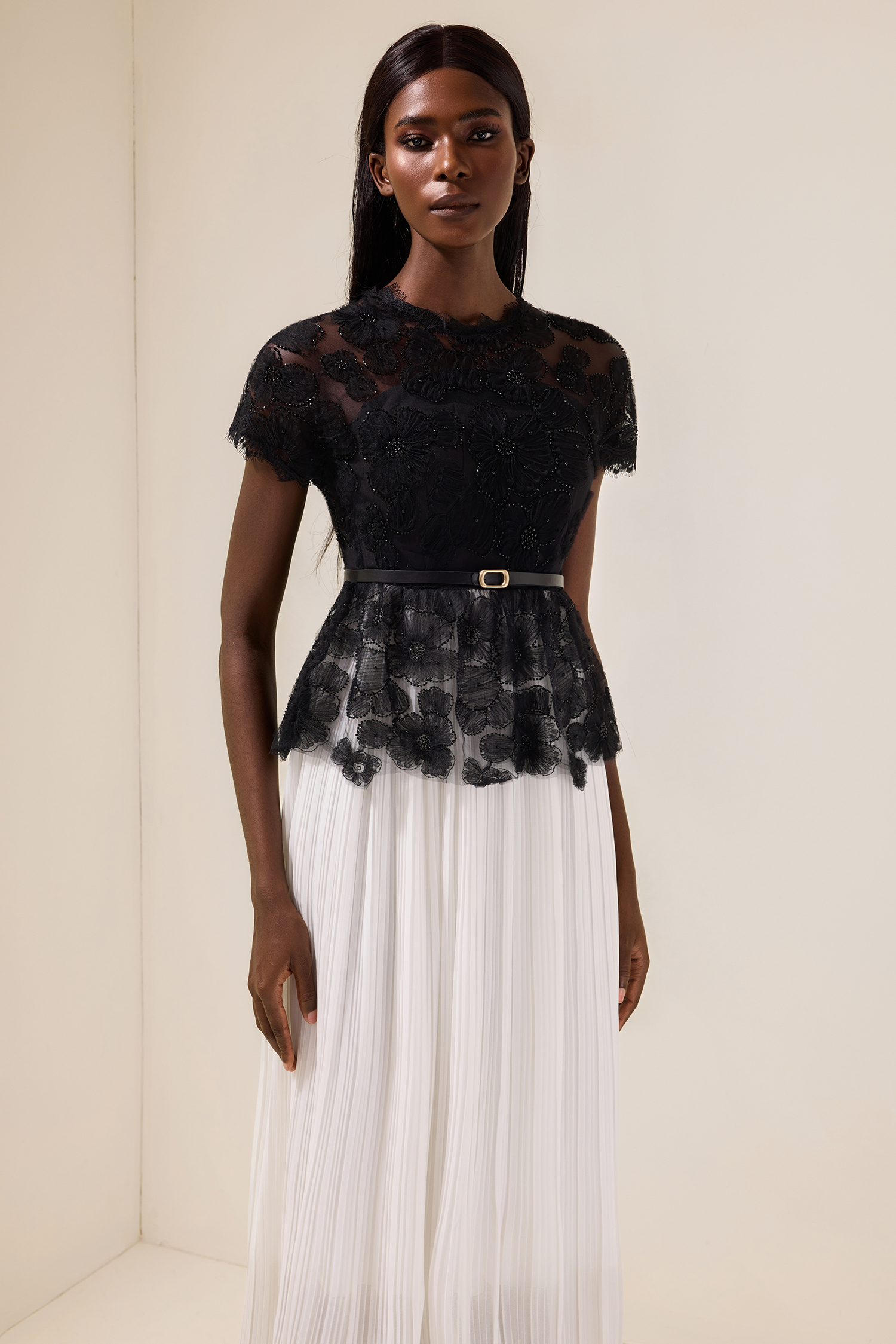 Lace Splicing Pleated Midi Dress With Belt