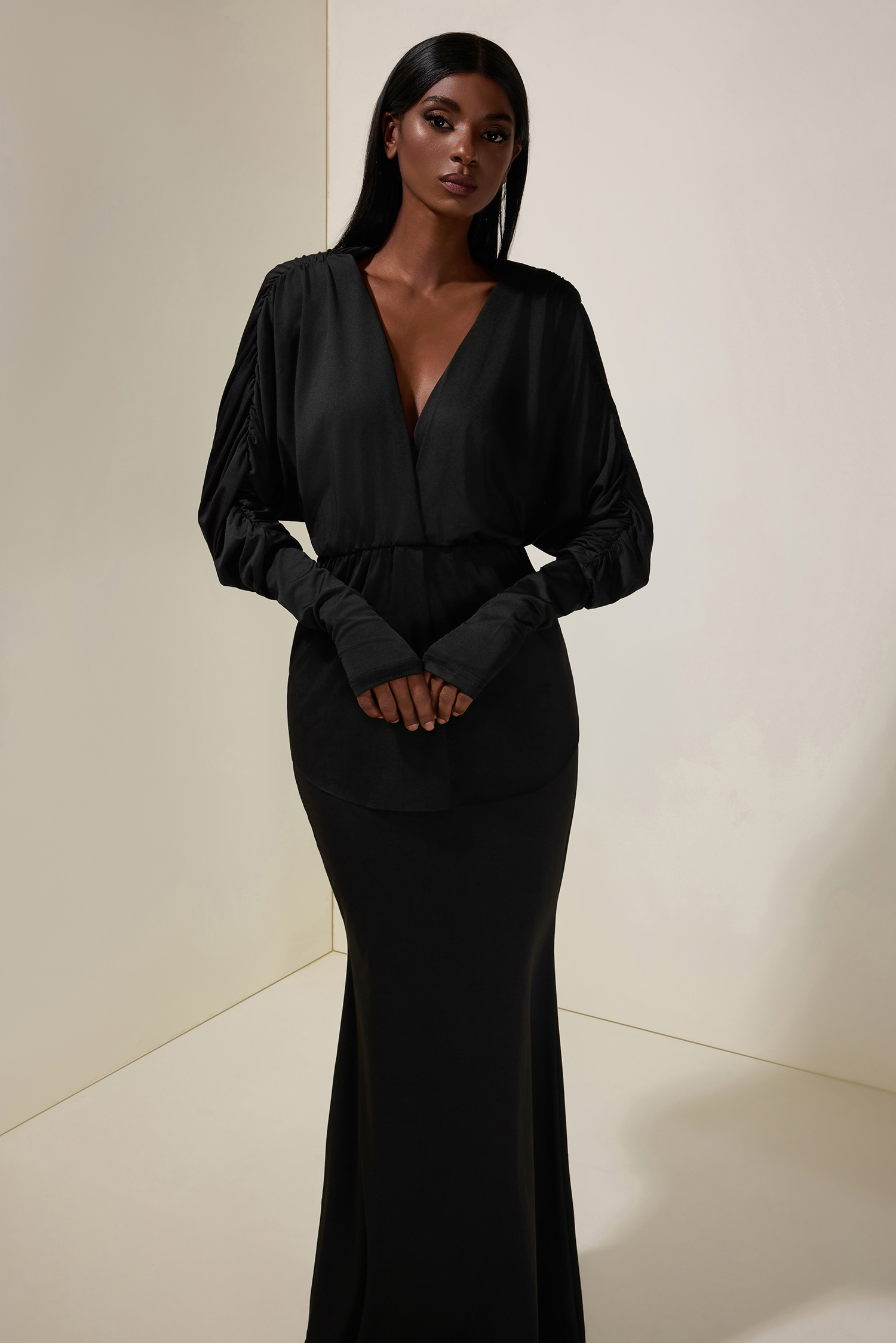 Jersey V-Neck Gathering Top & High Waist Maxi Skirt Set