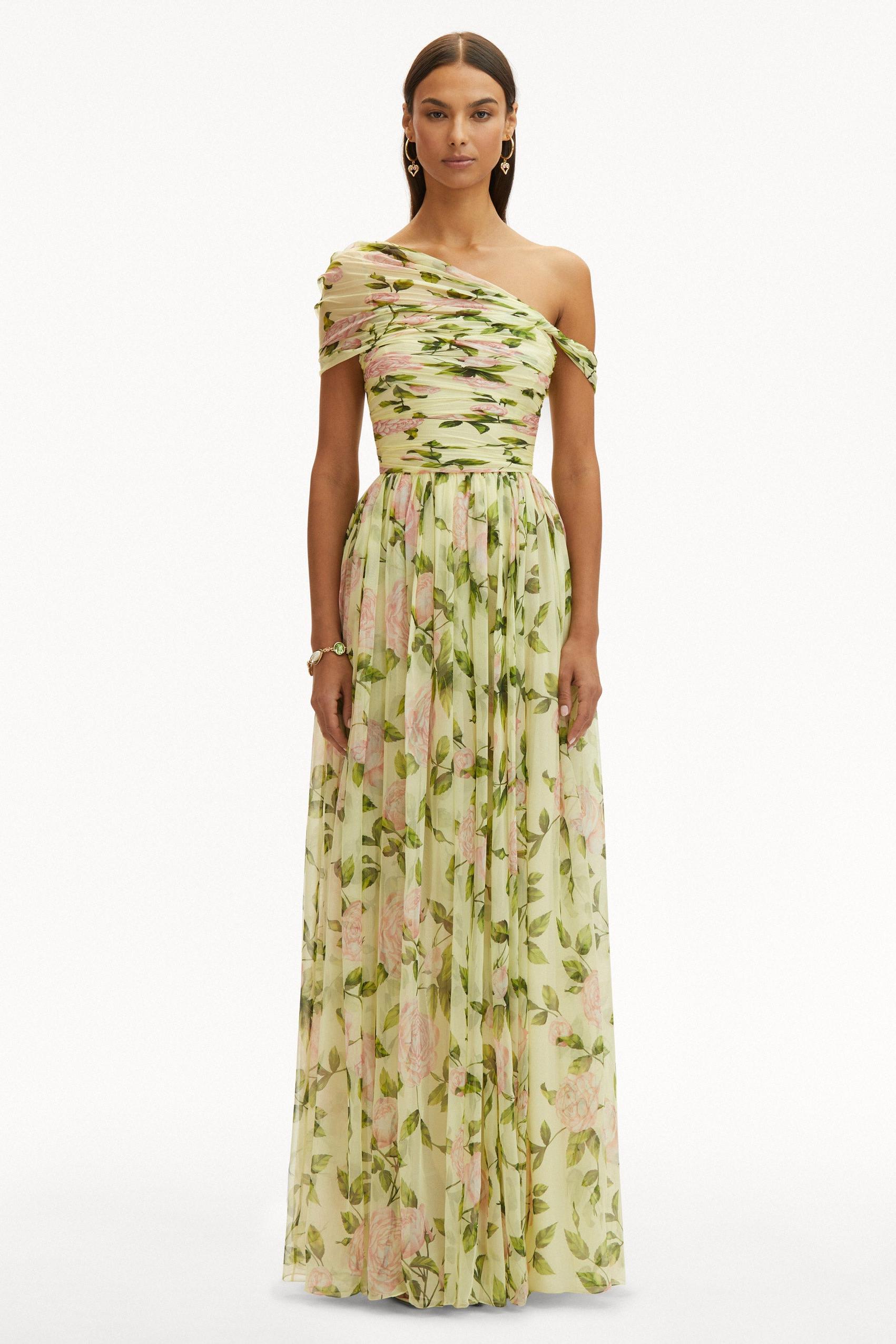 Floral Skew Collar Chiffon Maxi Dress